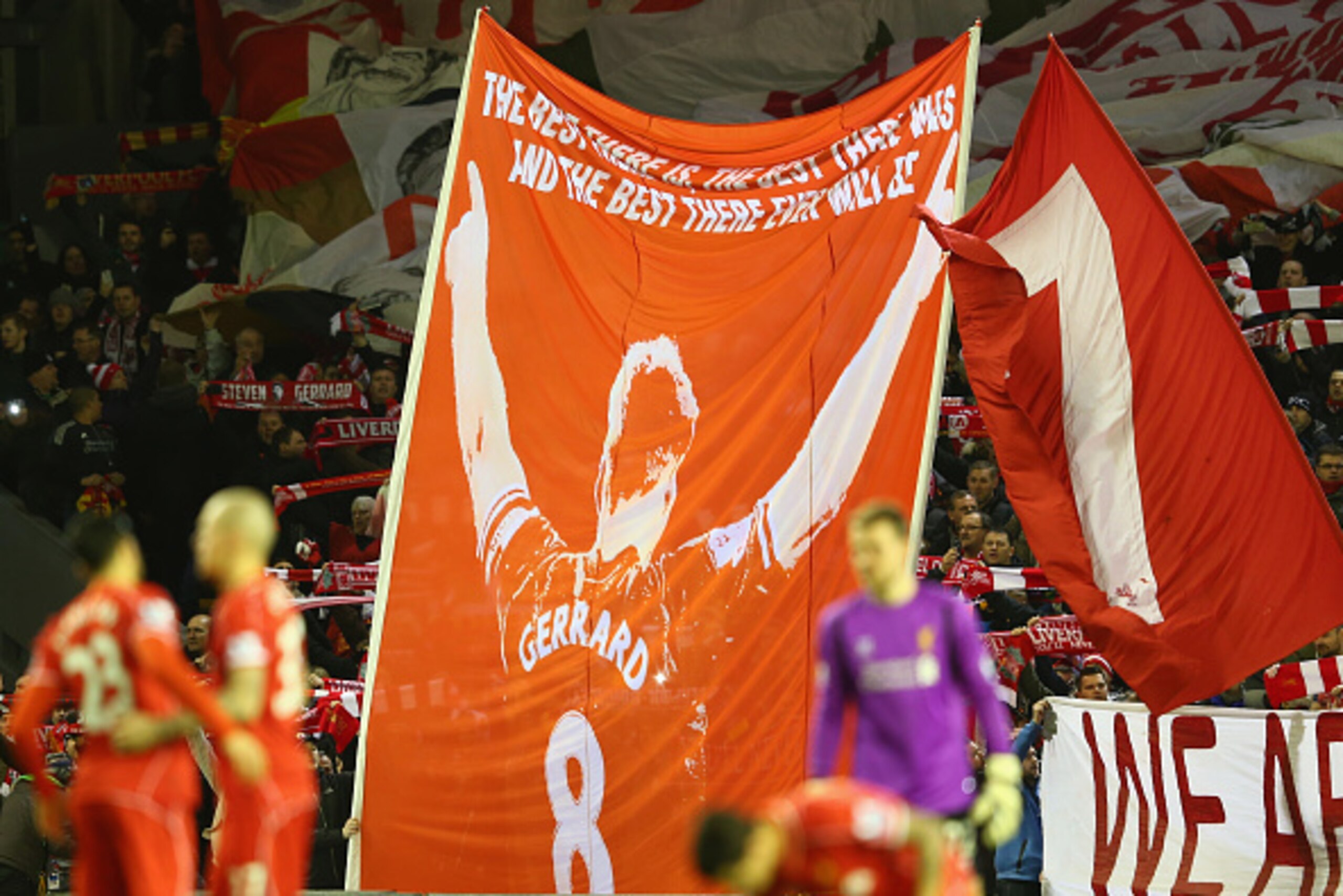 LIVERPOOL, ENGLAND - MARCH 04: A flag showing Liverpool captain Steven Gerrard is unfurled on The Kop ahead of the Barclays Premier League match between Liverpool and Burnley at Anfield on March 4, 2015 in Liverpool, England. (Photo by Michael Steele/Ge LIVERPOOL, ENGLAND - MARCH 04: A flag showing Liverpool captain Steven Gerrard is unfurled on The Kop ahead of the Barclays Premier League match between Liverpool and Burnley at Anfield on March 4, 2015 in Liverpool, England. (Photo by Michael Steele/Ge