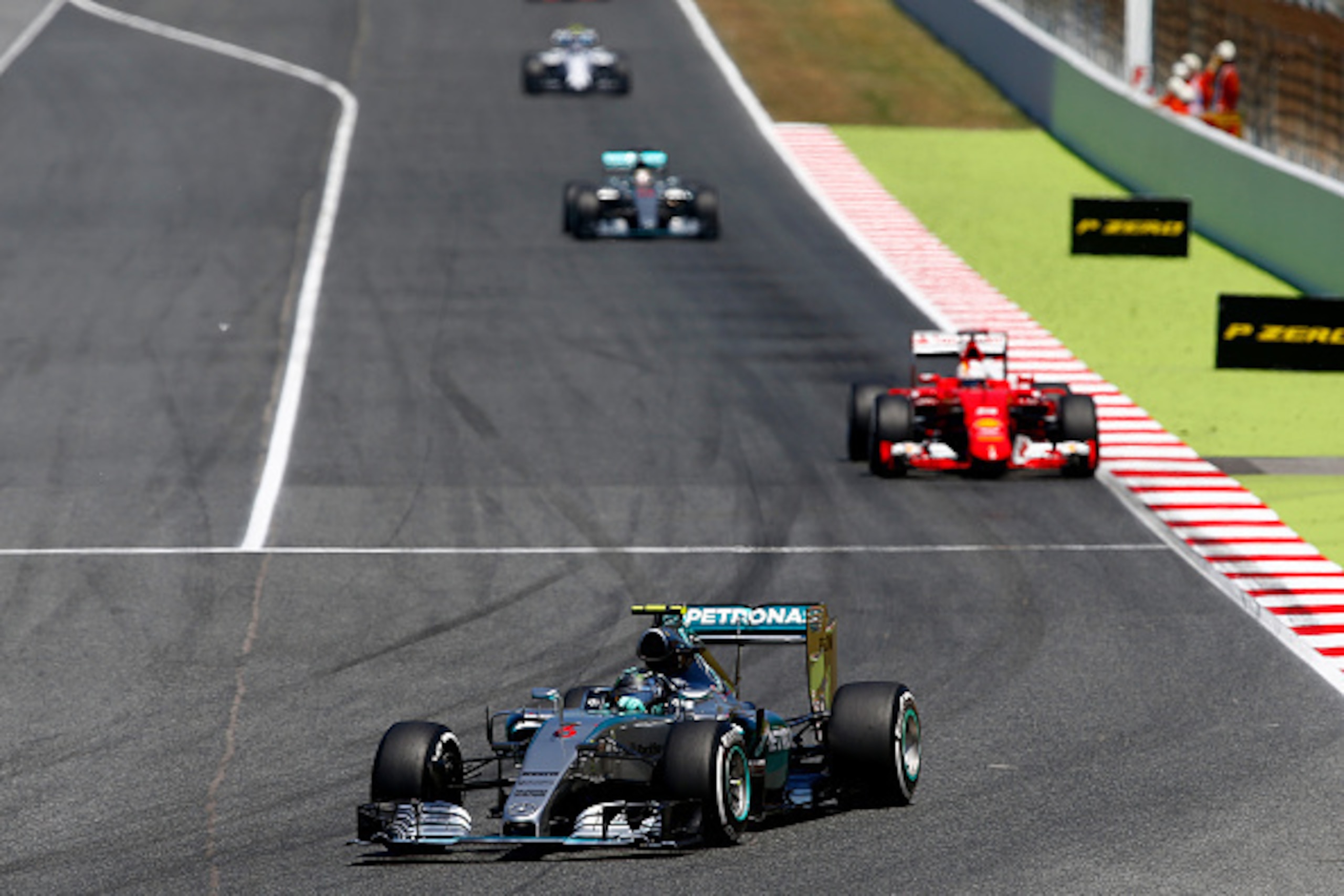 MONTMELO, SPAIN - MAY 10:  Nico Rosberg of Germany and Mercedes GP leads Sebastian Vettel of Germany and Ferrari and Lewis Hamilton of Great Britain and Mercedes GP during the Spanish Formula One Grand Prix at Circuit de Catalunya on May 10, 2015 in Montm