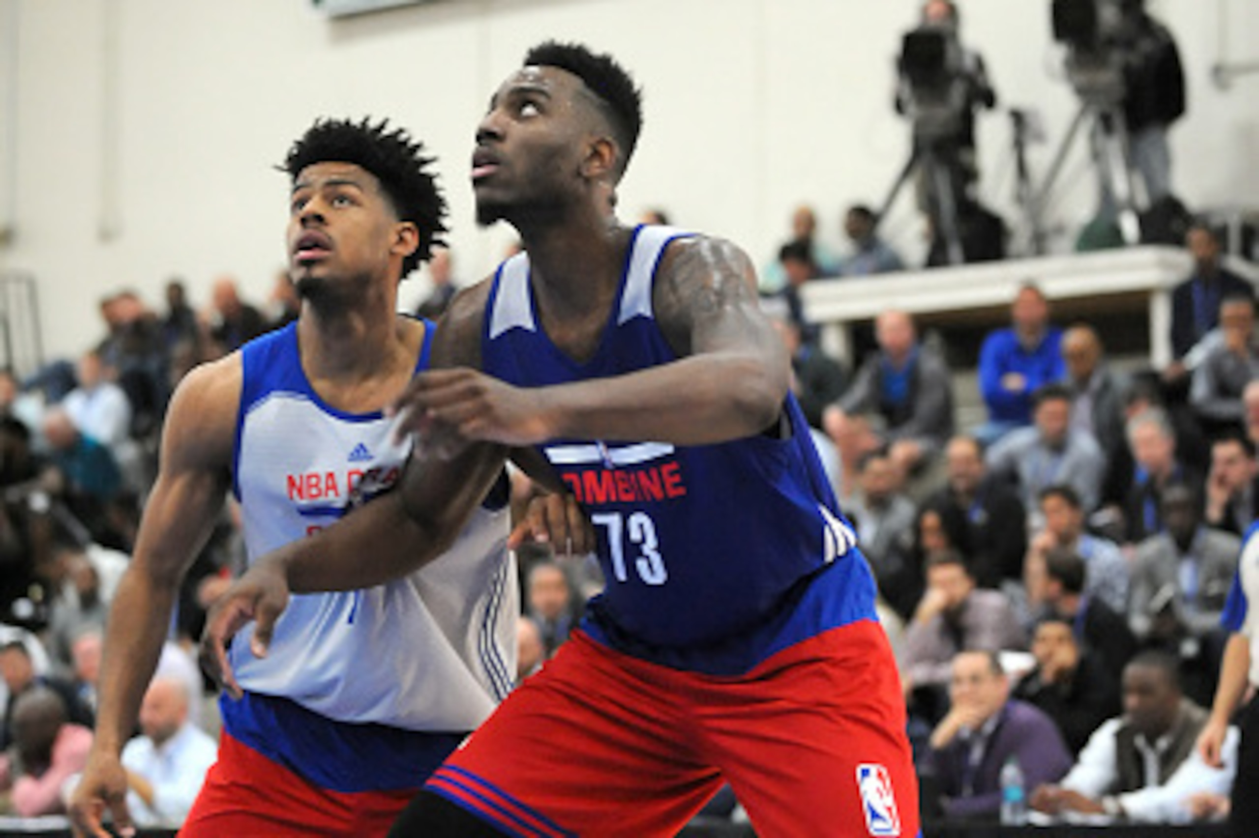 CHICAGO, IL - MAY 14: Rakeem Christmas #73 battles for position with Quinn Cook #7 during the 2015 NBA Draft Combine on May 14, 2015 at Quest Multiplex in Chicago, Illinois. NOTE TO USER: User expressly acknowledges and agrees that, by downloading and/or CHICAGO, IL - MAY 14: Rakeem Christmas #73 battles for position with Quinn Cook #7 during the 2015 NBA Draft Combine on May 14, 2015 at Quest Multiplex in Chicago, Illinois. NOTE TO USER: User expressly acknowledges and agrees that, by downloading and/or