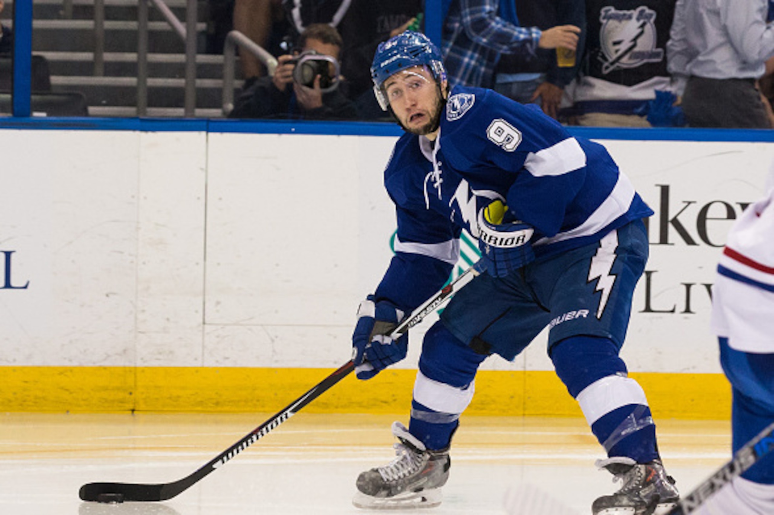 TAMPA, FL - May 7: Tyler Johnson #9 of the Tampa Bay Lightning against the Montreal Canadiens during the third period in Game Four of the Eastern Conference Semifinals during the 2015 NHL Stanley Cup Playoffs at the Amalie Arena on May 7, 2015 in Tampa, F