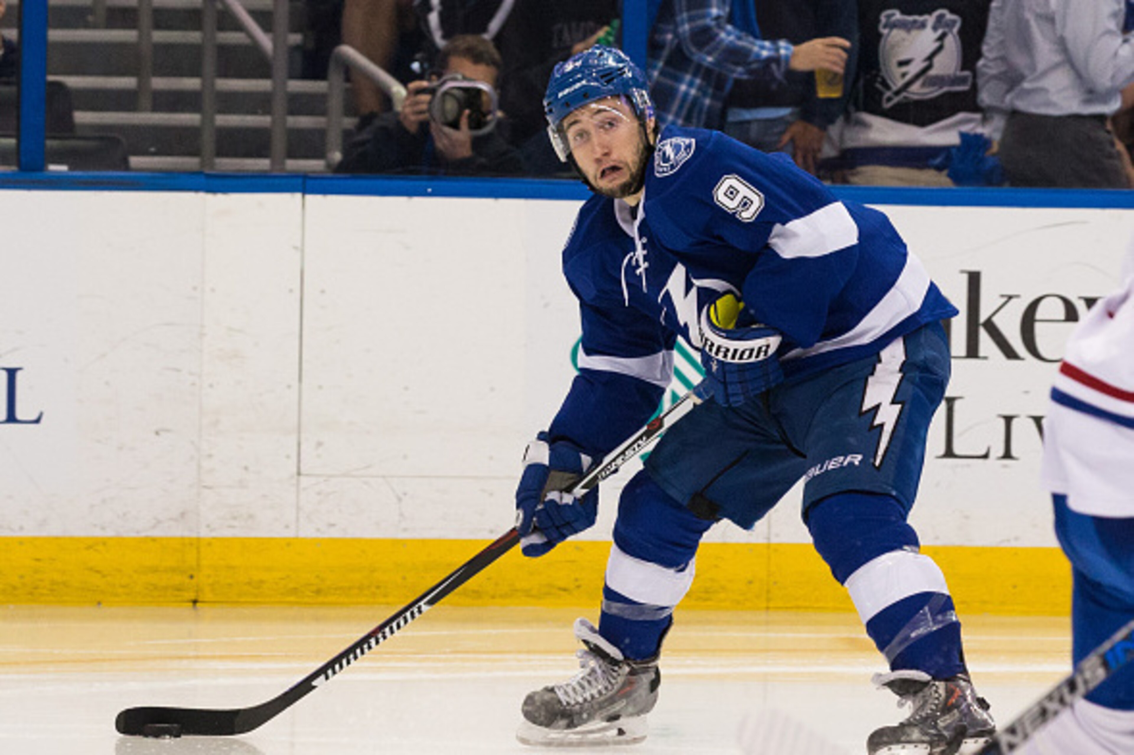 TAMPA, FL - May 7: Tyler Johnson #9 of the Tampa Bay Lightning against the Montreal Canadiens during the third period in Game Four of the Eastern Conference Semifinals during the 2015 NHL Stanley Cup Playoffs at the Amalie Arena on May 7, 2015 in Tampa, F