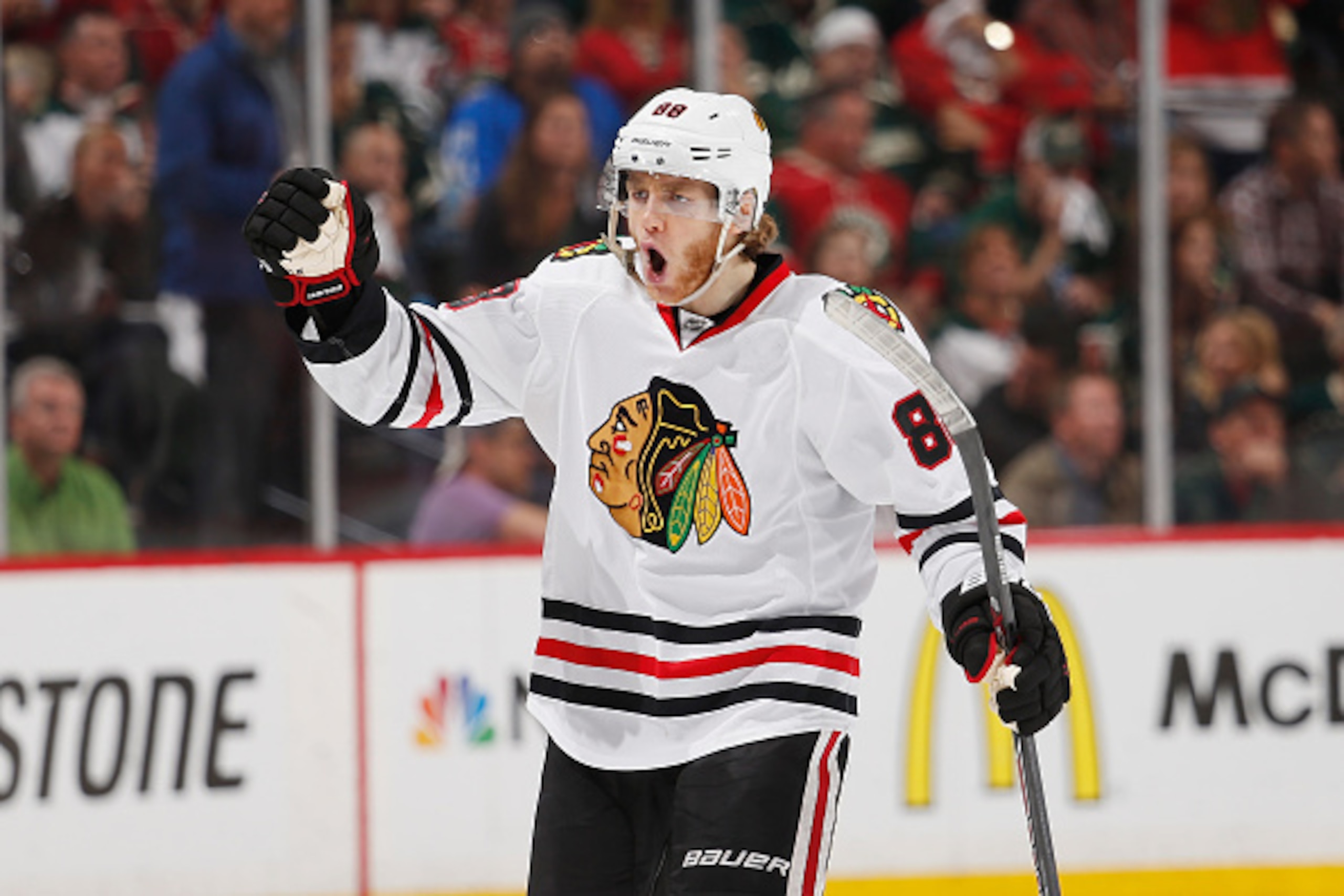 ST. PAUL, MN - MAY 7: Patrick Kane #88 of the Chicago Blackhawks celebrates after scoring a goal against the Minnesota Wild in Game Four of the Western Conference Semifinals during the 2015 NHL Stanley Cup Playoffs on May 7, 2015 at the Xcel Energy Center