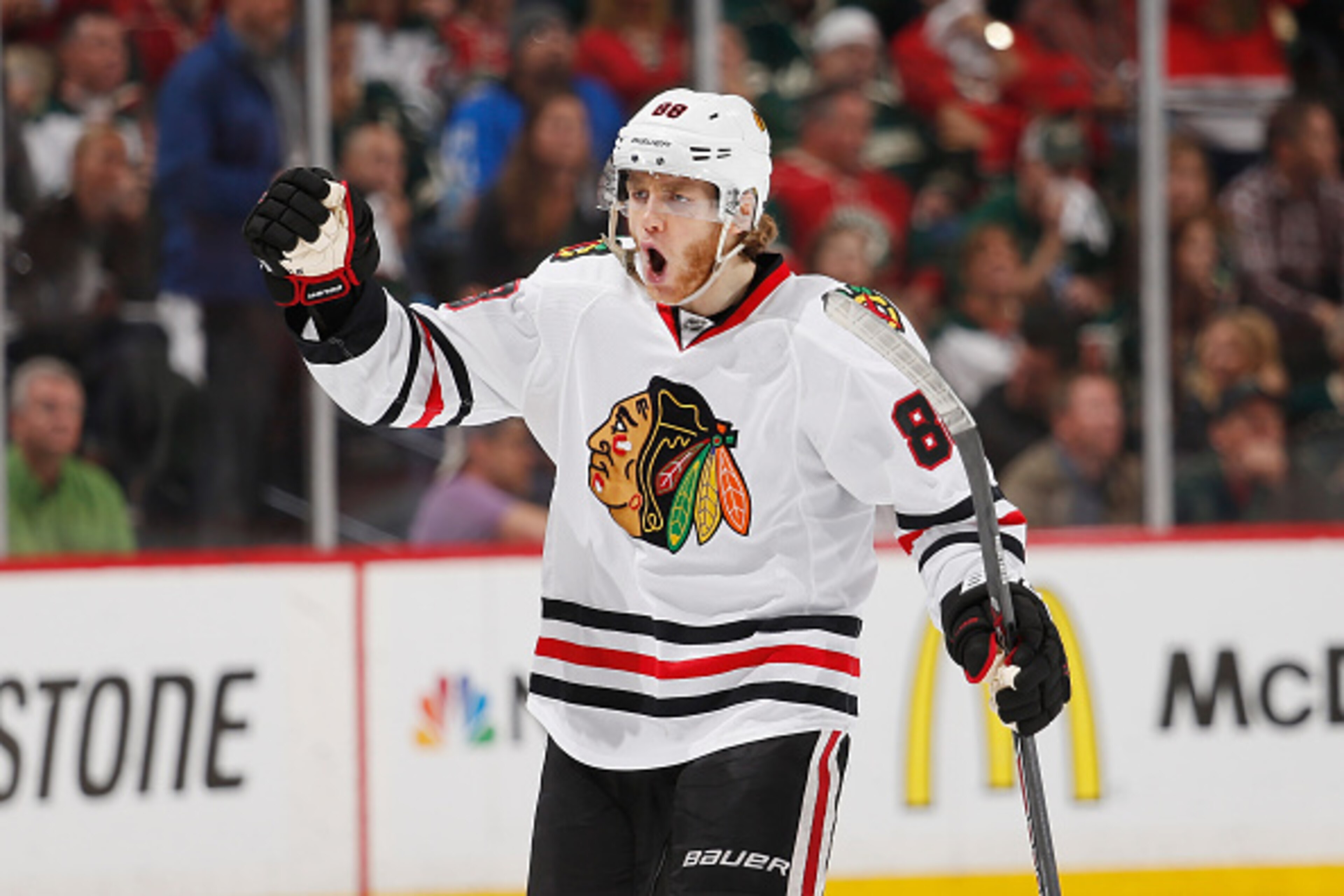 ST. PAUL, MN - MAY 7: Patrick Kane #88 of the Chicago Blackhawks celebrates after scoring a goal against the Minnesota Wild in Game Four of the Western Conference Semifinals during the 2015 NHL Stanley Cup Playoffs on May 7, 2015 at the Xcel Energy Center