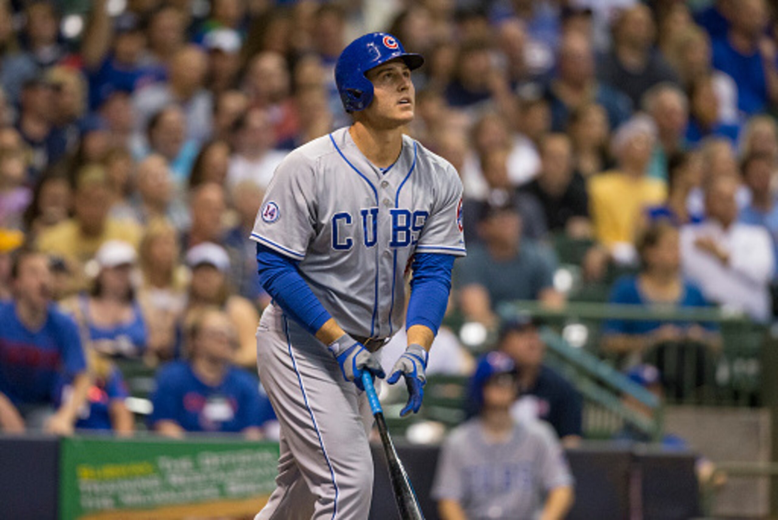 MILWAUKEE, WI - AUGUST 8: Anthony Rizzo #44 of the Chicago Cubs homers against the Milwaukee Brewers at Miller Park on May 8, 2015 in Milwaukee, Wisconsin.  (Photo by Tom Lynn/Getty Images)
