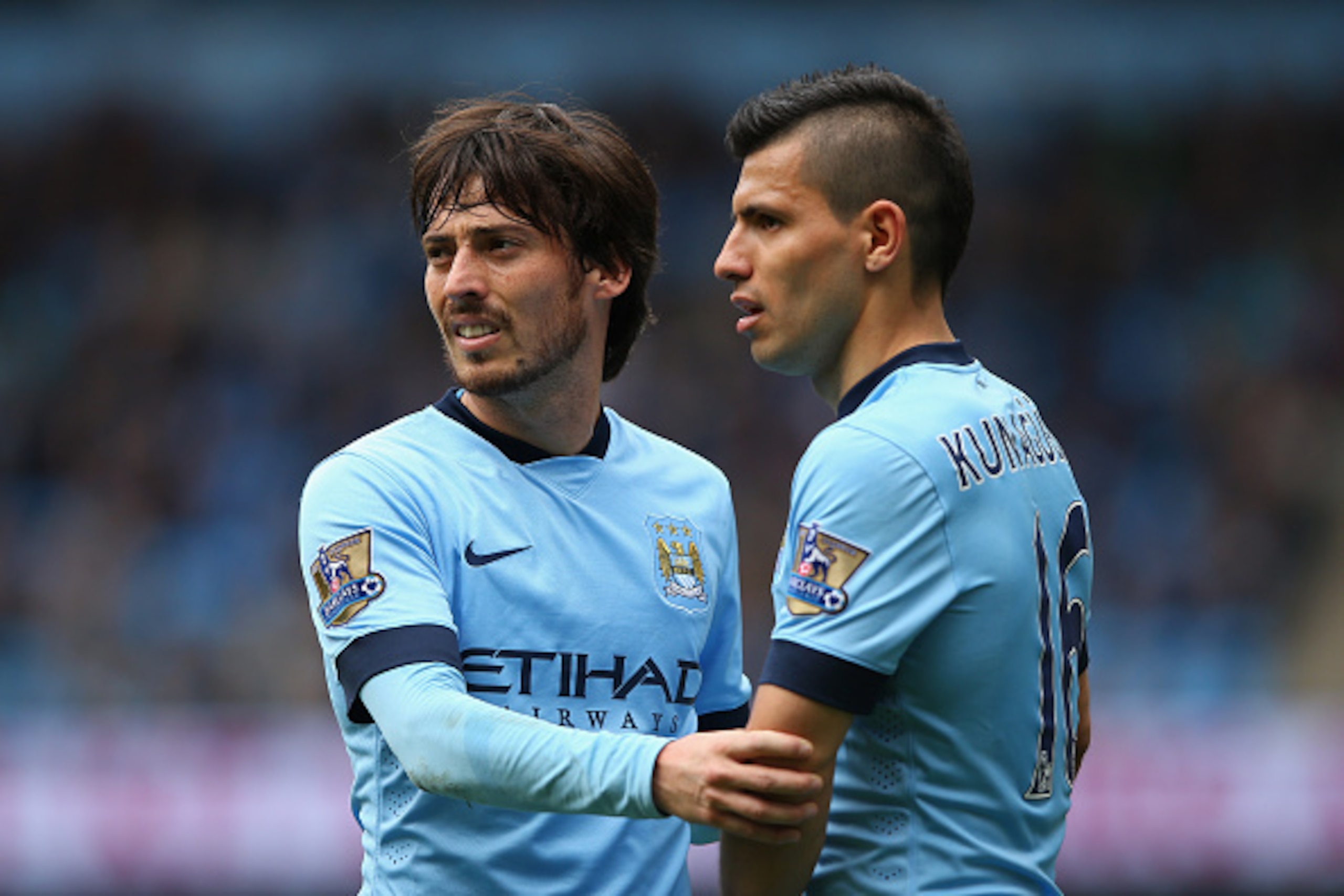 MANCHESTER, ENGLAND - MAY 10: David Silva and Sergio Aguero of Manchester City look on during the Barclays Premier League match between Manchester City and Queens Park Rangers at Etihad Stadium on May 10, 2015 in Manchester, England. (Photo by Alex Live MANCHESTER, ENGLAND - MAY 10: David Silva and Sergio Aguero of Manchester City look on during the Barclays Premier League match between Manchester City and Queens Park Rangers at Etihad Stadium on May 10, 2015 in Manchester, England. (Photo by Alex Live