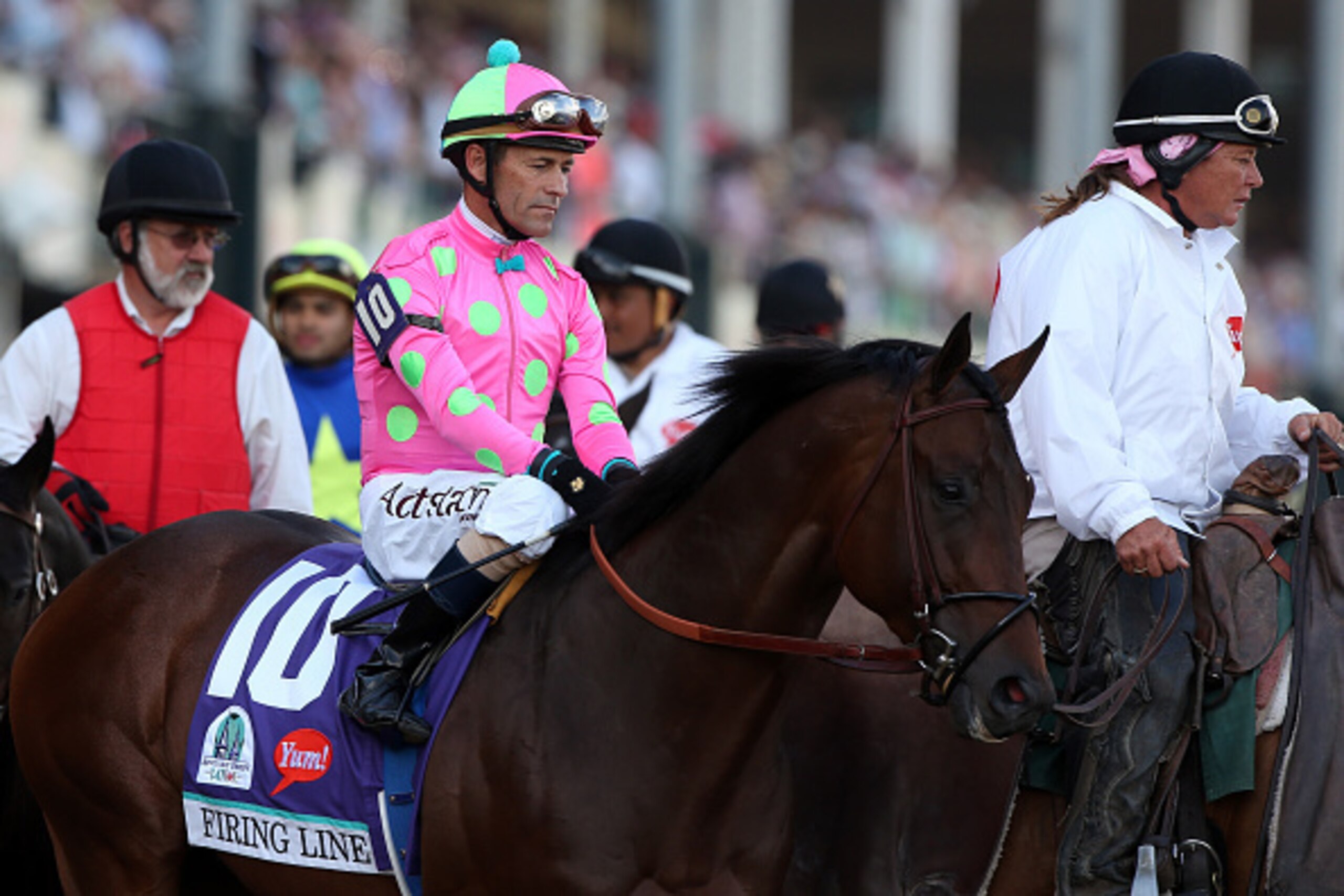 LOUISVILLE, KY - MAY 02: Jockey Gary Stevens guides Firing Line #10 on track prior to the 141st running of the Kentucky Derby at Churchill Downs on May 2, 2015 in Louisville, Kentucky. (Photo by Chris Graythen/Getty Images) LOUISVILLE, KY - MAY 02: Jockey Gary Stevens guides Firing Line #10 on track prior to the 141st running of the Kentucky Derby at Churchill Downs on May 2, 2015 in Louisville, Kentucky. (Photo by Chris Graythen/Getty Images)
