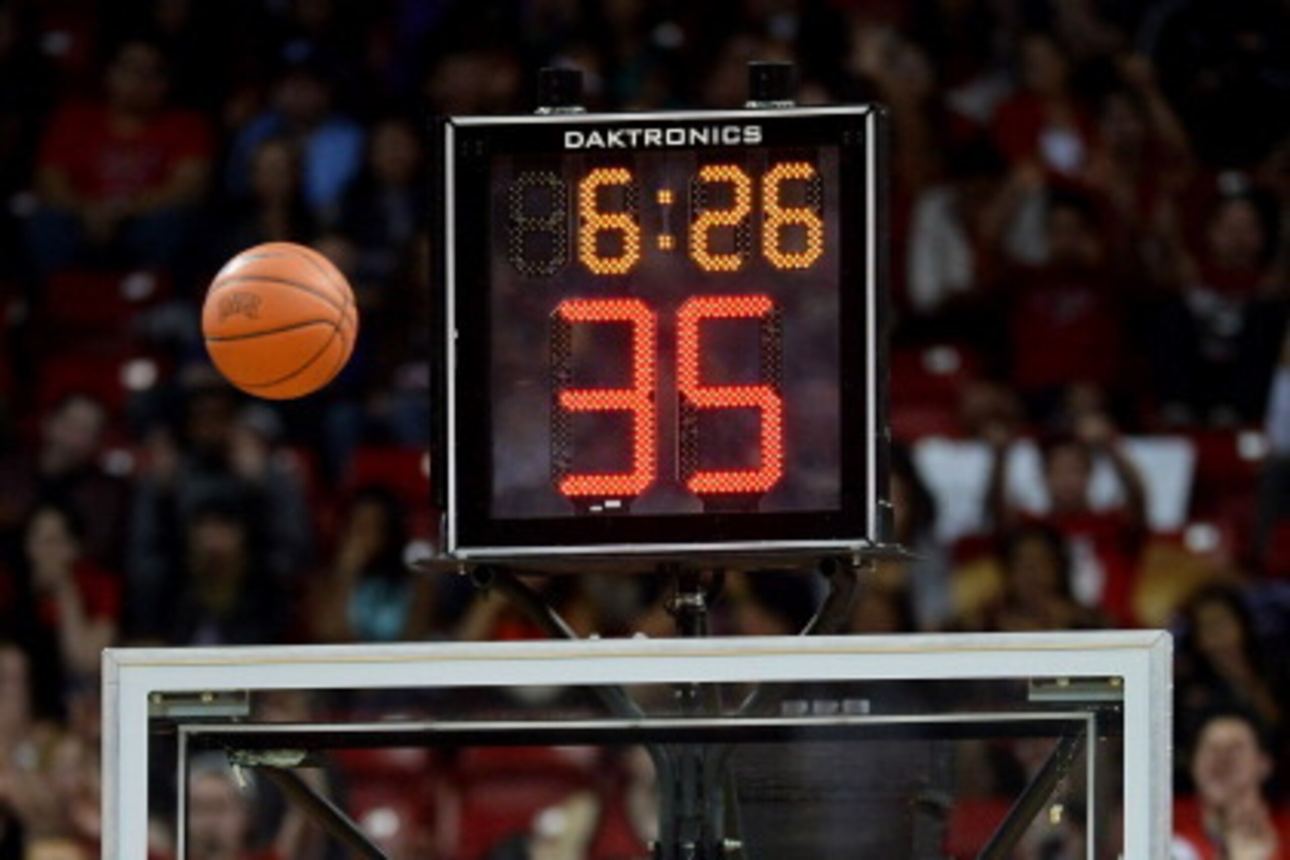 LAS VEGAS, NV - NOVEMBER 15:  A detail image of a backboard, shot clock, game clock and a basketball during a game between the Nebraska-Omaha Mavericks and the UNLV Rebels at the Thomas & Mack Center on November 15, 2013 in Las Vegas, Nevada.  (Photo by E
