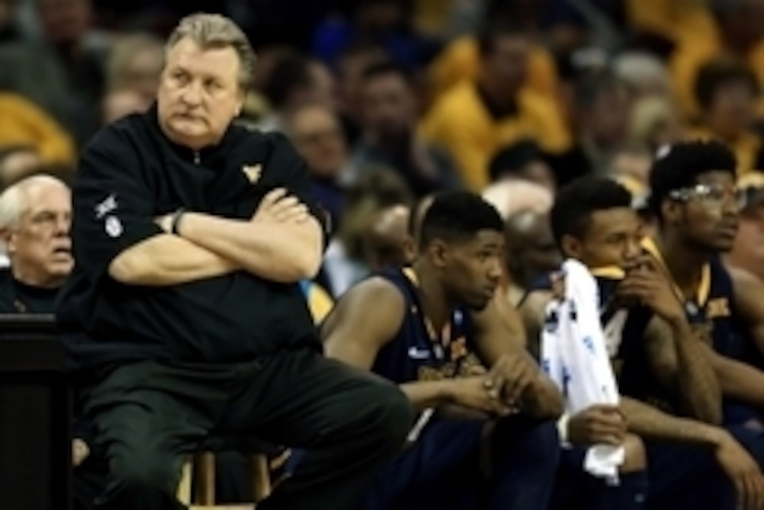 Mar 26, 2015; Cleveland, OH, USA; West Virginia Mountaineers head coach Bob Huggins during the first half against the Kentucky Wildcats in the semifinals of the midwest regional of the 2015 NCAA Tournament at Quicken Loans Arena. Mandatory Credit: Andrew 