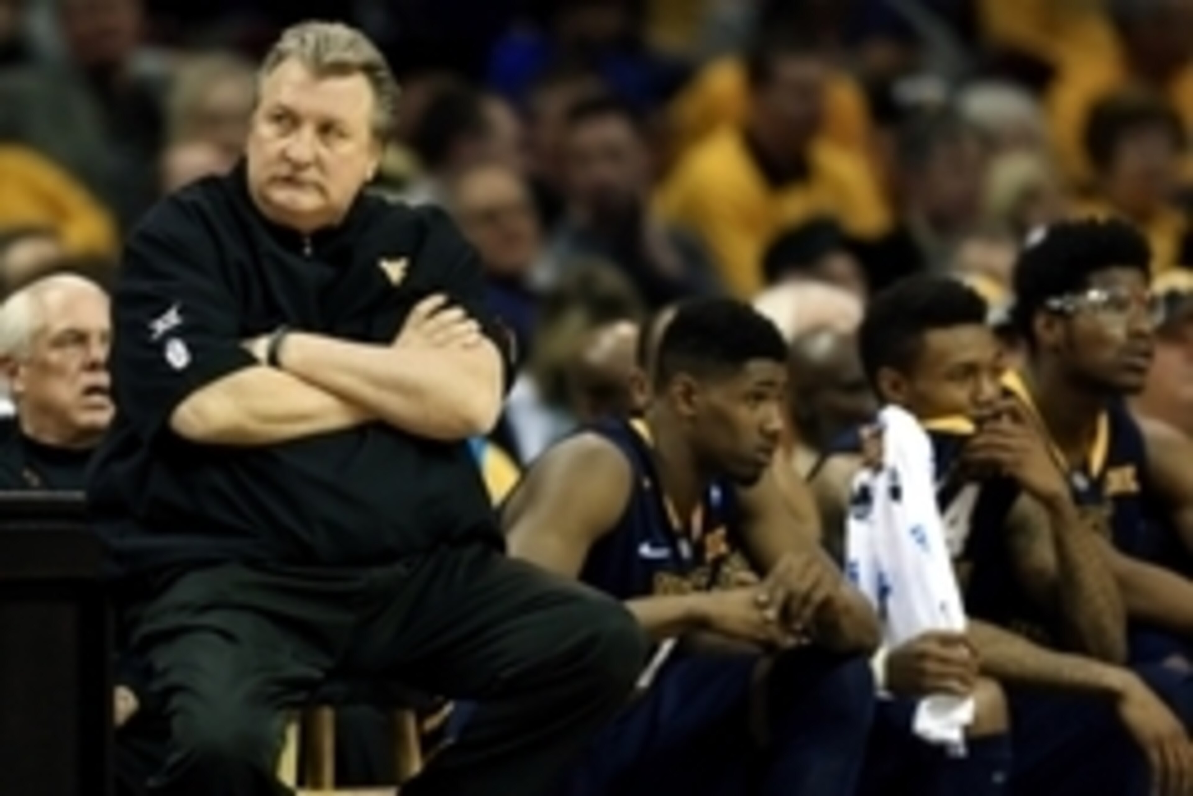 Mar 26, 2015; Cleveland, OH, USA; West Virginia Mountaineers head coach Bob Huggins during the first half against the Kentucky Wildcats in the semifinals of the midwest regional of the 2015 NCAA Tournament at Quicken Loans Arena. Mandatory Credit: Andrew 