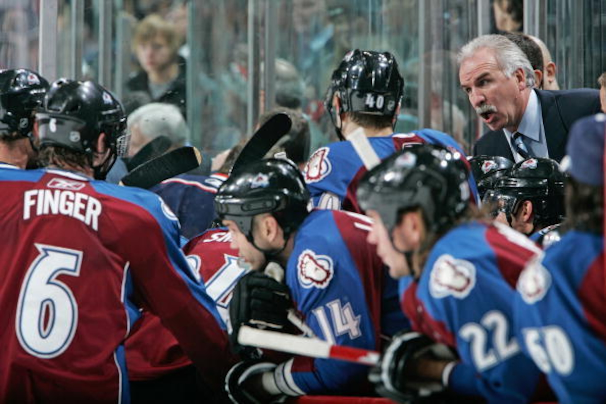 COLUMBUS, OH - DECEMBER 05: Colorado Avalanche Head Coach Joel Quenneville addresses his players during a time out near the end of their game against the Columbus Blue Jackets on December 5, 2007 at Nationwide Arena in Columbus, Ohio.  (Photo by Jamie Sab