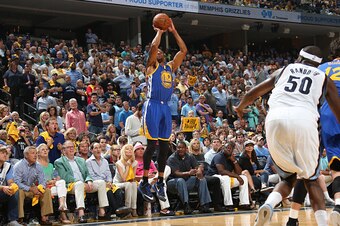 MEMPHIS, TN - MAY 15: Andre Iguodala #9 of the Golden State Warriors shoots against the Memphis Grizzlies in Game Six of the Western Conference Semifinals of the NBA Playoffs at FedExForum on May 15, 2015 in Memphis, Tennessee. NOTE TO USER: User expressl