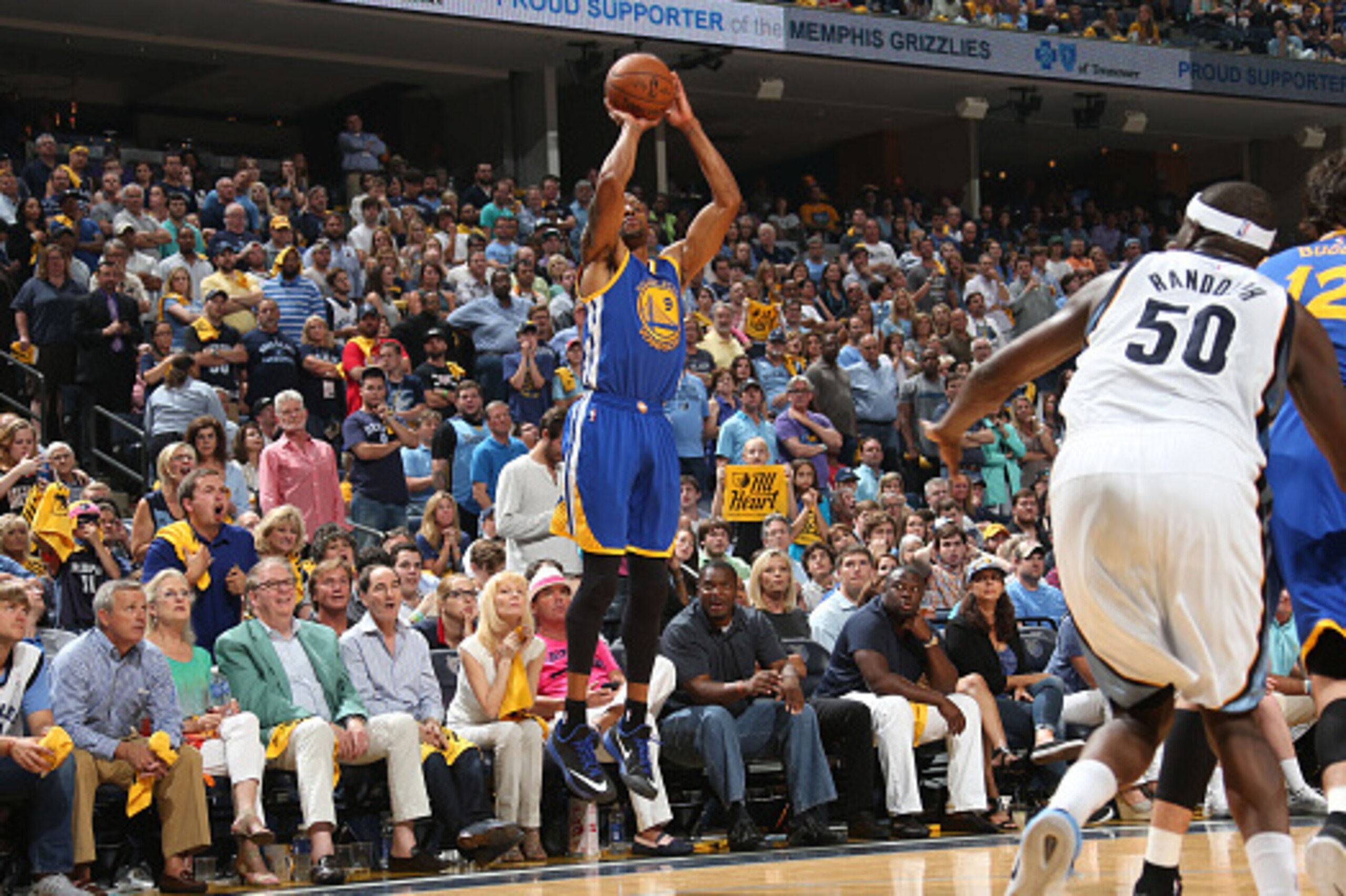 MEMPHIS, TN - MAY 15: Andre Iguodala #9 of the Golden State Warriors shoots against the Memphis Grizzlies in Game Six of the Western Conference Semifinals of the NBA Playoffs at FedExForum on May 15, 2015 in Memphis, Tennessee. NOTE TO USER: User expressl