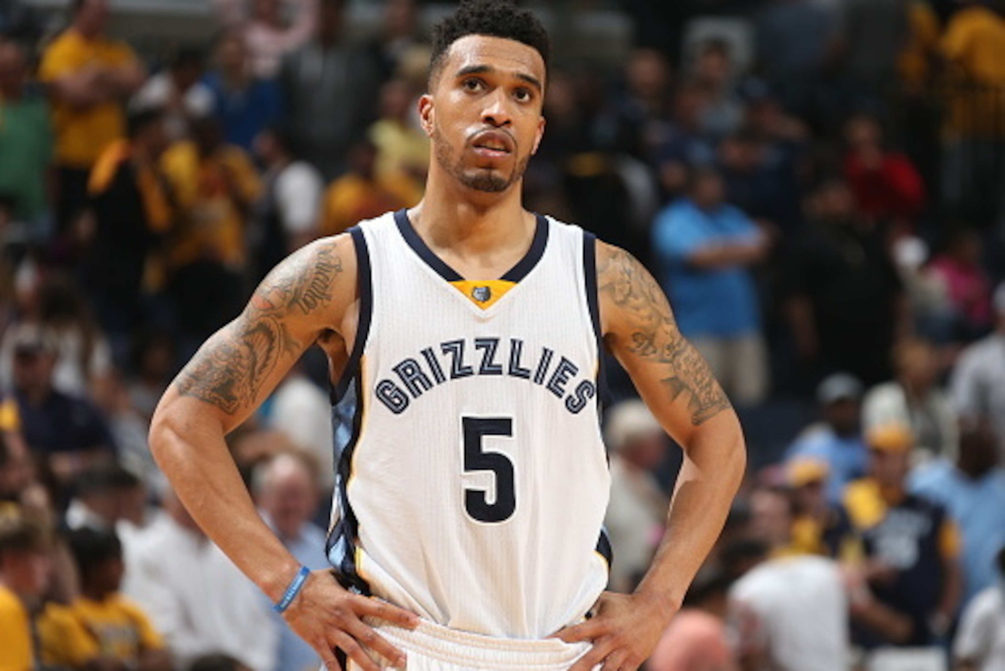 MEMPHIS, TN - MAY 15: Courtney Lee #5 of the Memphis Grizzlies stands on the court during a game against the Golden State Warriors in Game Six of the Western Conference Semifinals of the NBA Playoffs at FedExForum on May 15, 2015 in Memphis, Tennessee. NO