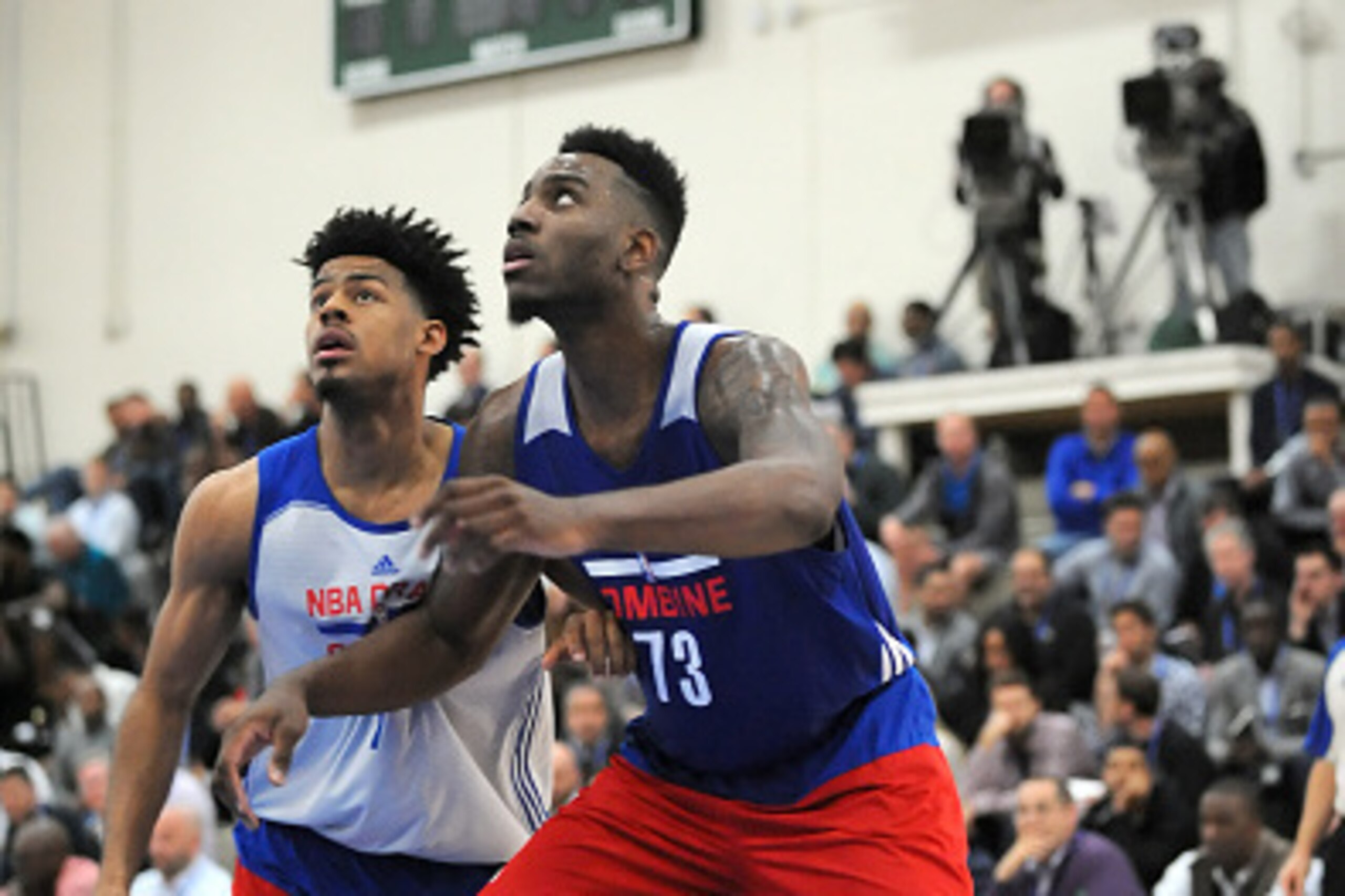 CHICAGO, IL - MAY 14: Rakeem Christmas #73 battles for position with Quinn Cook #7 during the 2015 NBA Draft Combine on May 14, 2015 at Quest Multiplex in Chicago, Illinois. NOTE TO USER: User expressly acknowledges and agrees that, by downloading and/or CHICAGO, IL - MAY 14: Rakeem Christmas #73 battles for position with Quinn Cook #7 during the 2015 NBA Draft Combine on May 14, 2015 at Quest Multiplex in Chicago, Illinois. NOTE TO USER: User expressly acknowledges and agrees that, by downloading and/or