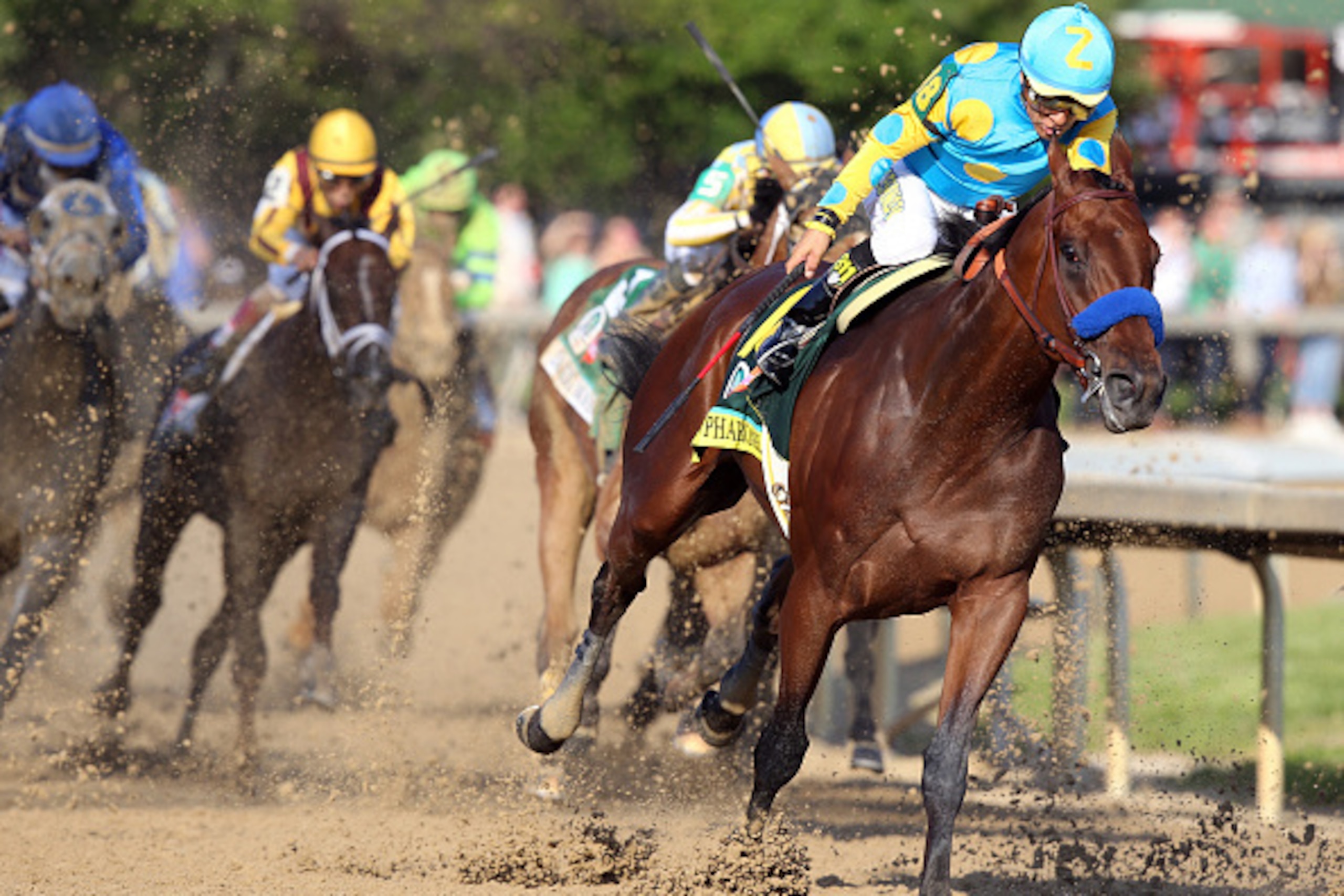 LOUISVILLE, KY - MAY 02: American Pharoah #18, ridden by Victor Espinoza, comes out of turn 4 during the 141st running of the Kentucky Derby at Churchill Downs on May 2, 2015 in Louisville, Kentucky. (Photo by Andy Lyons/Getty Images) LOUISVILLE, KY - MAY 02: American Pharoah #18, ridden by Victor Espinoza, comes out of turn 4 during the 141st running of the Kentucky Derby at Churchill Downs on May 2, 2015 in Louisville, Kentucky. (Photo by Andy Lyons/Getty Images)