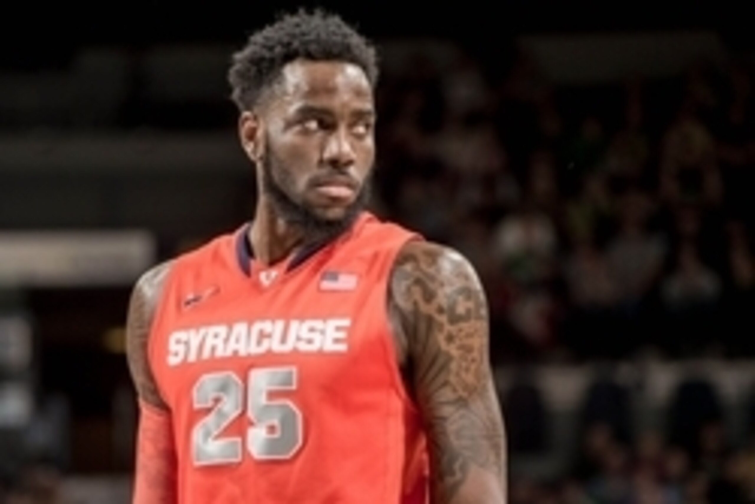 Feb 24, 2015; South Bend, IN, USA; Syracuse Orange forward Rakeem Christmas (25) looks toward the bench in the first half against the Notre Dame Fighting Irish at the Purcell Pavilion. Syracuse won 65-60. Mandatory Credit: Matt Cashore-USA TODAY Sports