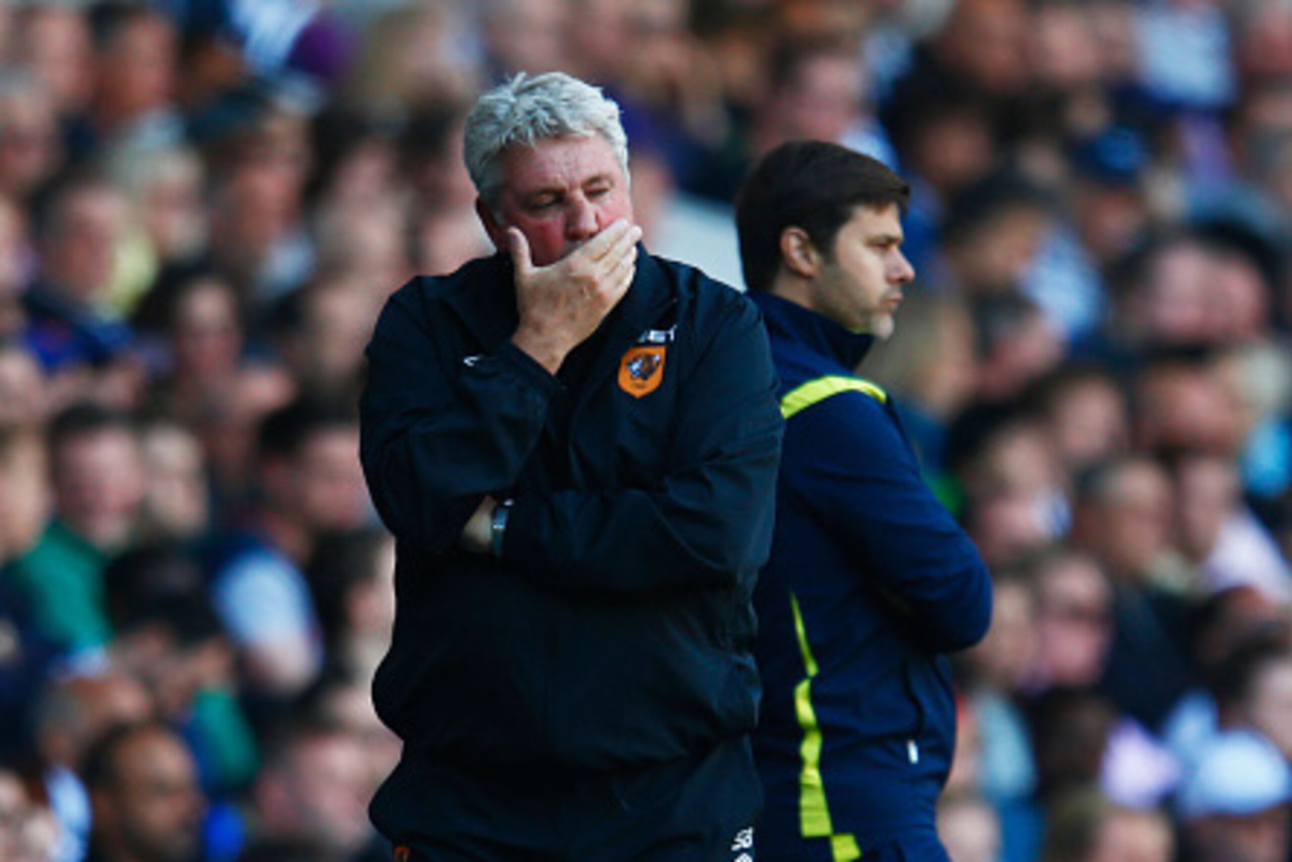 LONDON, ENGLAND - MAY 16:  Steve Bruce manager of Hull City looks on during the Barclays Premier League match between  Tottenham Hotspur and Hull City at White Hart Lane on May 16, 2015 in London, England.  (Photo by Julian Finney/Getty Images)