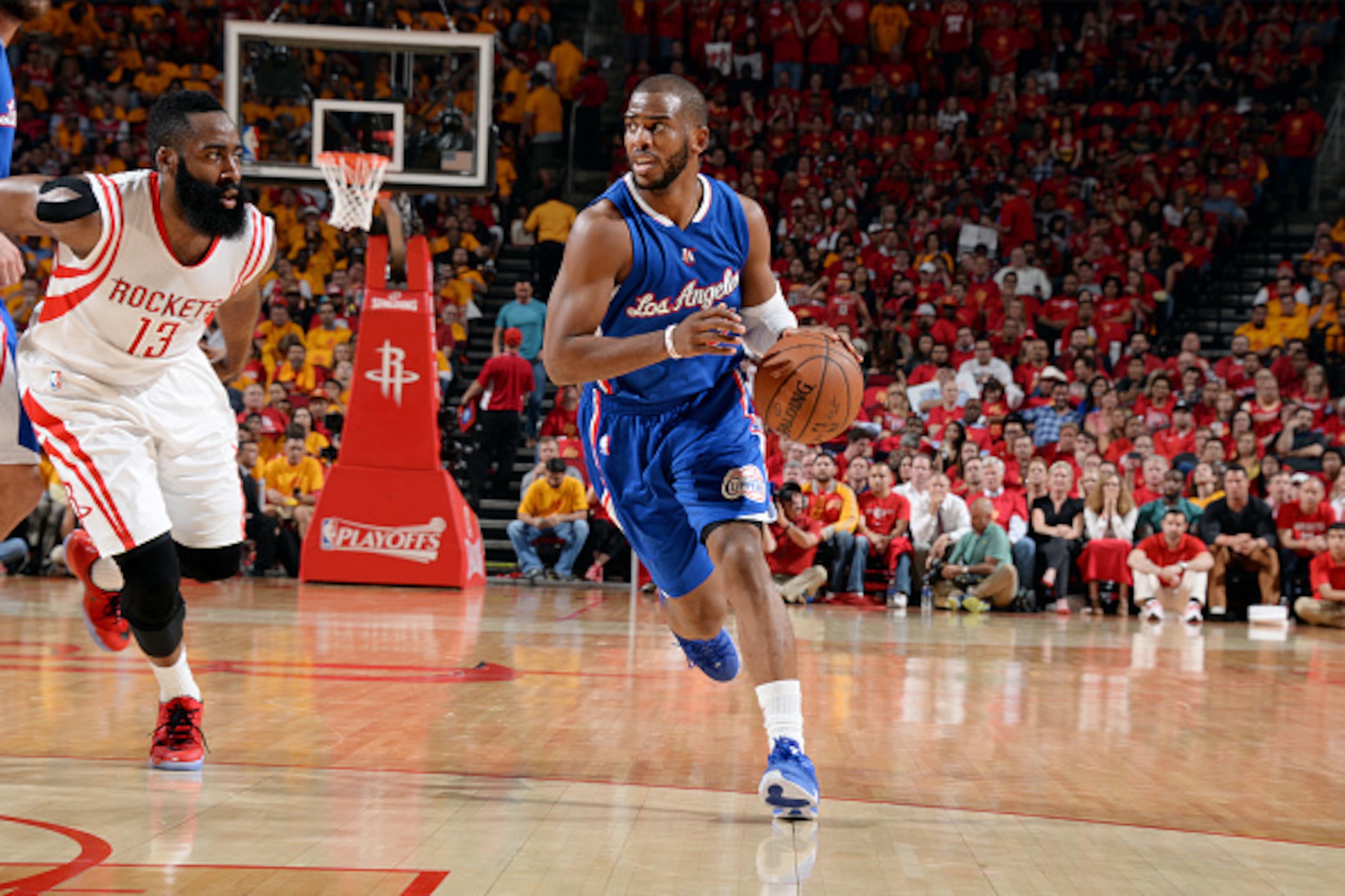 HOUSTON, TX - MAY 12: Chris Paul #3 of the Los Angeles Clippers drives against the Houston Rockets in Game Five of the Western Conference Semifinals during the 2015 NBA Playoffs on May 12, 2015 at the Toyota Center in Houston, Texas. NOTE TO USER: User ex
