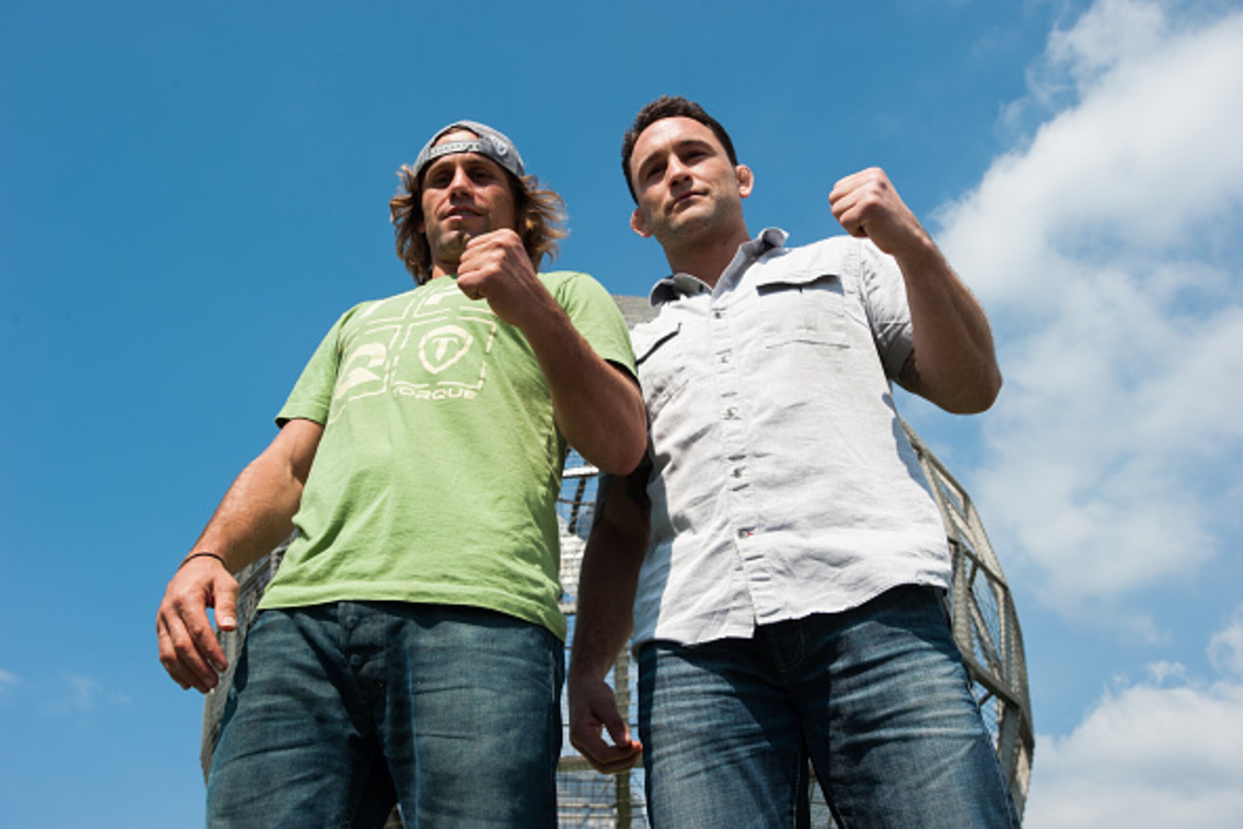 MANILA, PHILIPPINES - MARCH 10:  UFC featherweight contender Uriah Faber and former UFC featherweight champion Frankie Edgar pose at the MOA arena grounds during the UFC Manila Press Conference on March 10, 2015 in Manila, Philippines.  (Photo by Dondi Ta