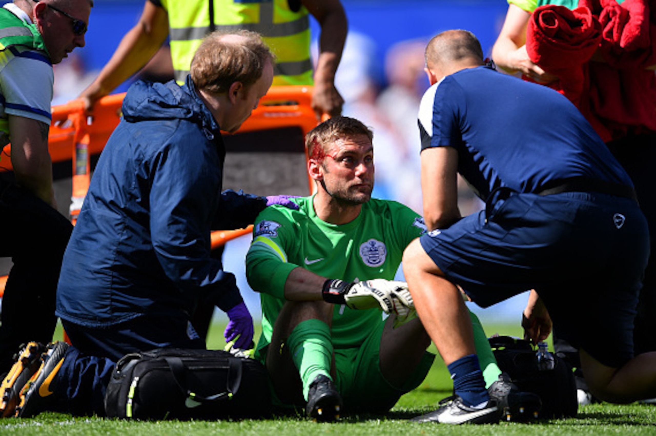 LONDON, ENGLAND - MAY 16: Robert Green of QPR receives treatment during the Barclays Premier League match between Queens Park Rangers and Newcastle United at Loftus Road on May 16, 2015 in London, England. (Photo by Shaun Botterill/Getty Images) LONDON, ENGLAND - MAY 16: Robert Green of QPR receives treatment during the Barclays Premier League match between Queens Park Rangers and Newcastle United at Loftus Road on May 16, 2015 in London, England. (Photo by Shaun Botterill/Getty Images)