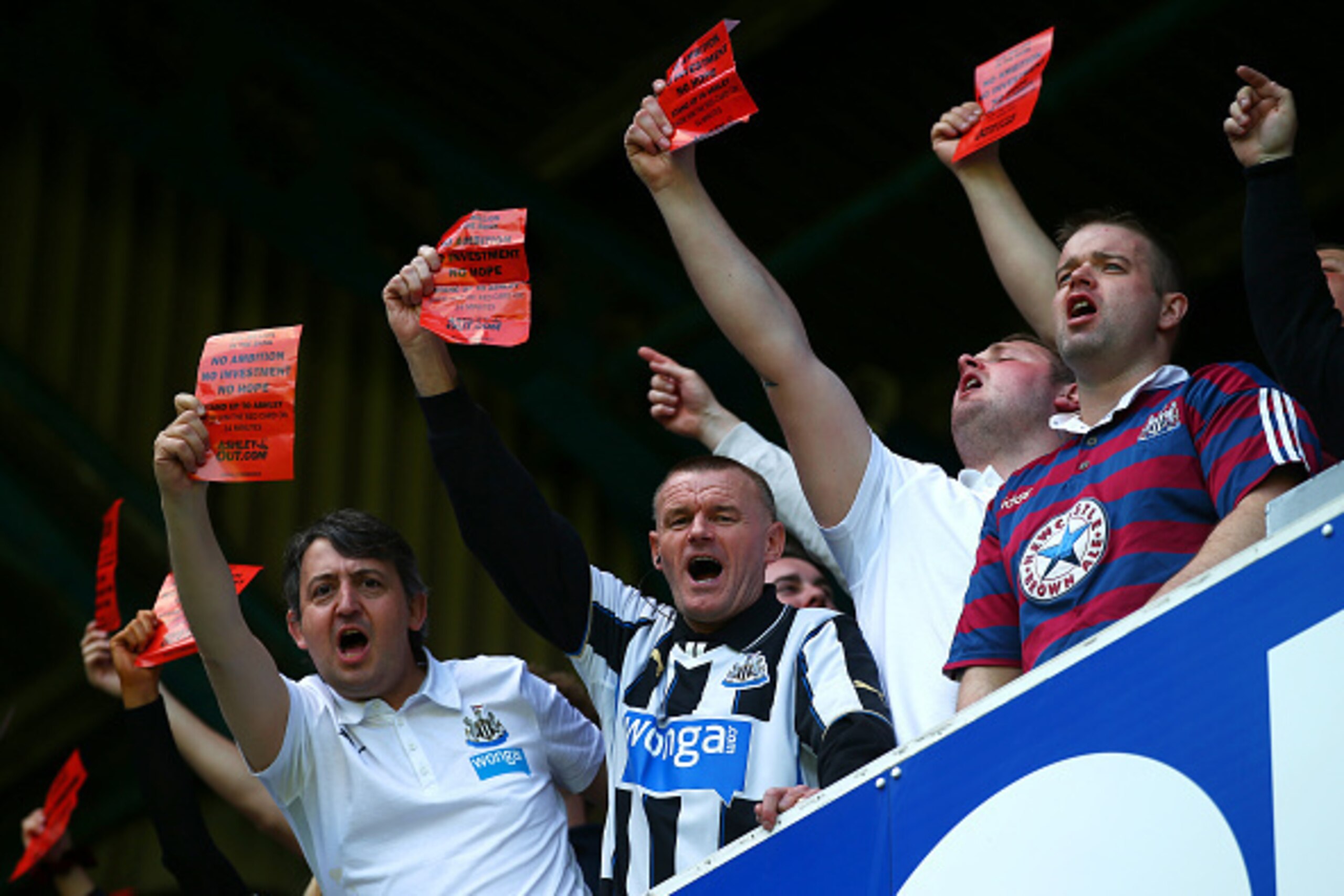 LONDON, ENGLAND - MAY 16: Newcastle United fans protest against Mike Ashley during the Barclays Premier League match between Queens Park Rangers and Newcastle United at Loftus Road on May 16, 2015 in London, England. (Photo by Clive Rose/Getty Images) LONDON, ENGLAND - MAY 16: Newcastle United fans protest against Mike Ashley during the Barclays Premier League match between Queens Park Rangers and Newcastle United at Loftus Road on May 16, 2015 in London, England. (Photo by Clive Rose/Getty Images)
