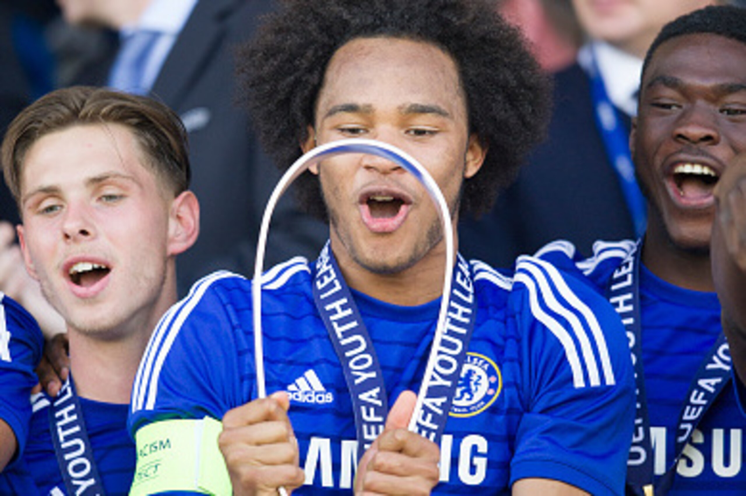 NYON, SWITZERLAND - APRIL 13:  Isaiah Brown of Chelsea FC celebrates Chelsea FC victory with the Lennart Johansson trophy following the UEFA Youth League final match between FC Shakhtar Donetsk and Chelsea FC at Colovray on April 13, 2015 in Nyon, Switzer