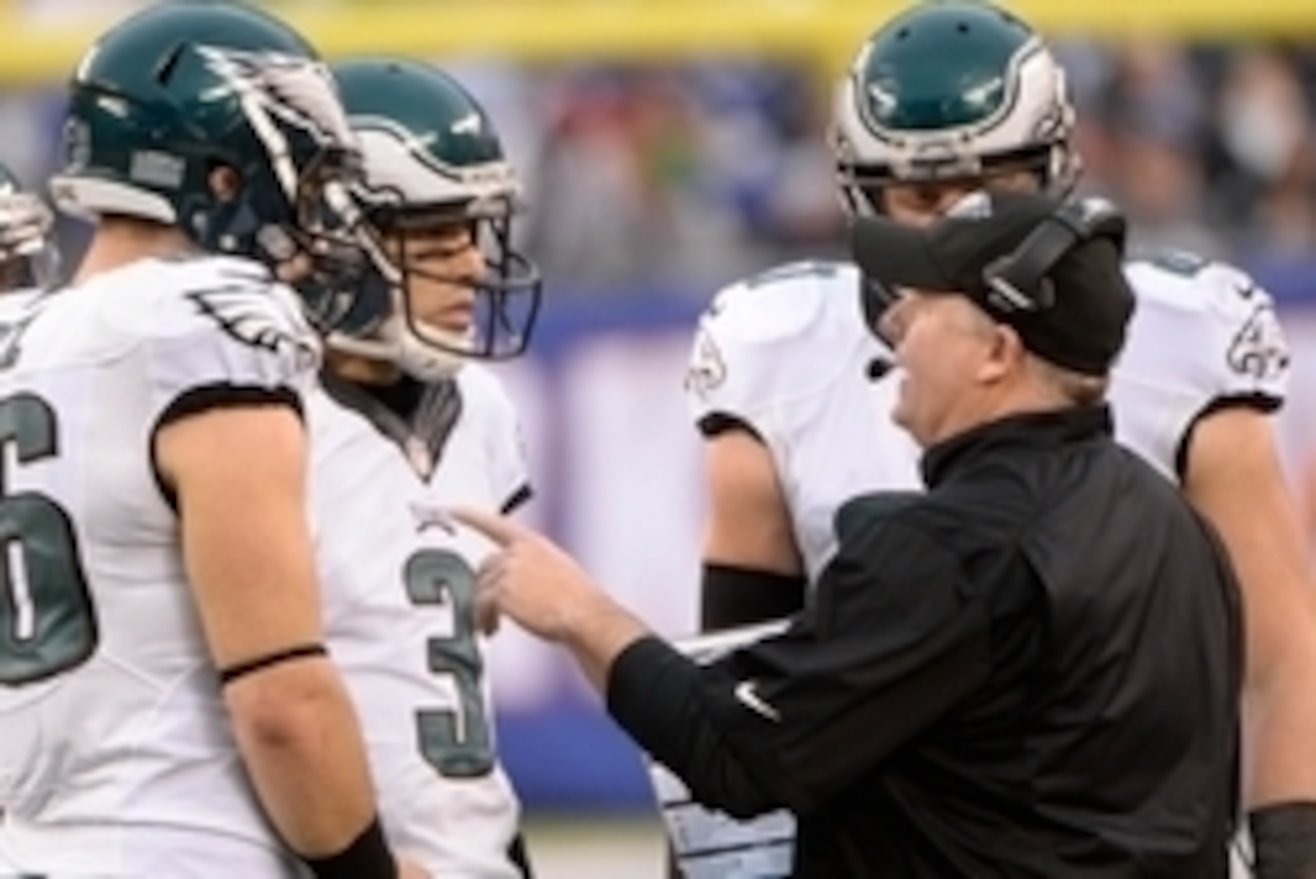 Dec 28, 2014; East Rutherford, NJ, USA; Philadelphia Eagles head coach Chip Kelly talks with quarterback Mark Sanchez (3) in a timeout against the New York Giants during the game at MetLife Stadium. Mandatory Credit: Robert Deutsch-USA TODAY Sports Dec 28, 2014; East Rutherford, NJ, USA; Philadelphia Eagles head coach Chip Kelly talks with quarterback Mark Sanchez (3) in a timeout against the New York Giants during the game at MetLife Stadium. Mandatory Credit: Robert Deutsch-USA TODAY Sports