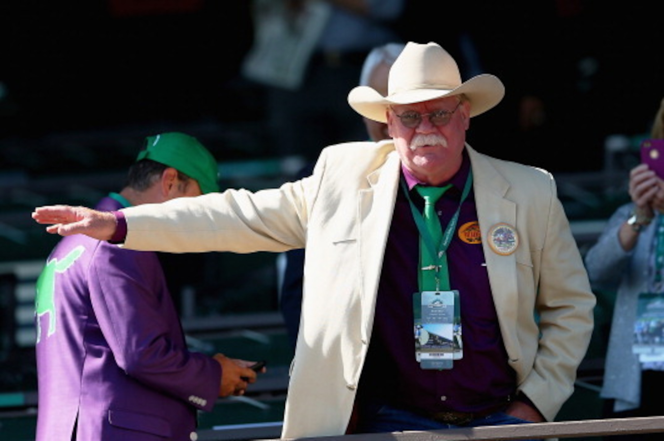 ELMONT, NY - JUNE 07:  Steve Coburn, co-owner of California Chrome waves to fans at Belmont Park on June 7, 2014 in Elmont, New York.  California Chrome will be attempting to win the triple crown in the Belmont Stakes.  (Photo by Mike Ehrmann/Getty Images