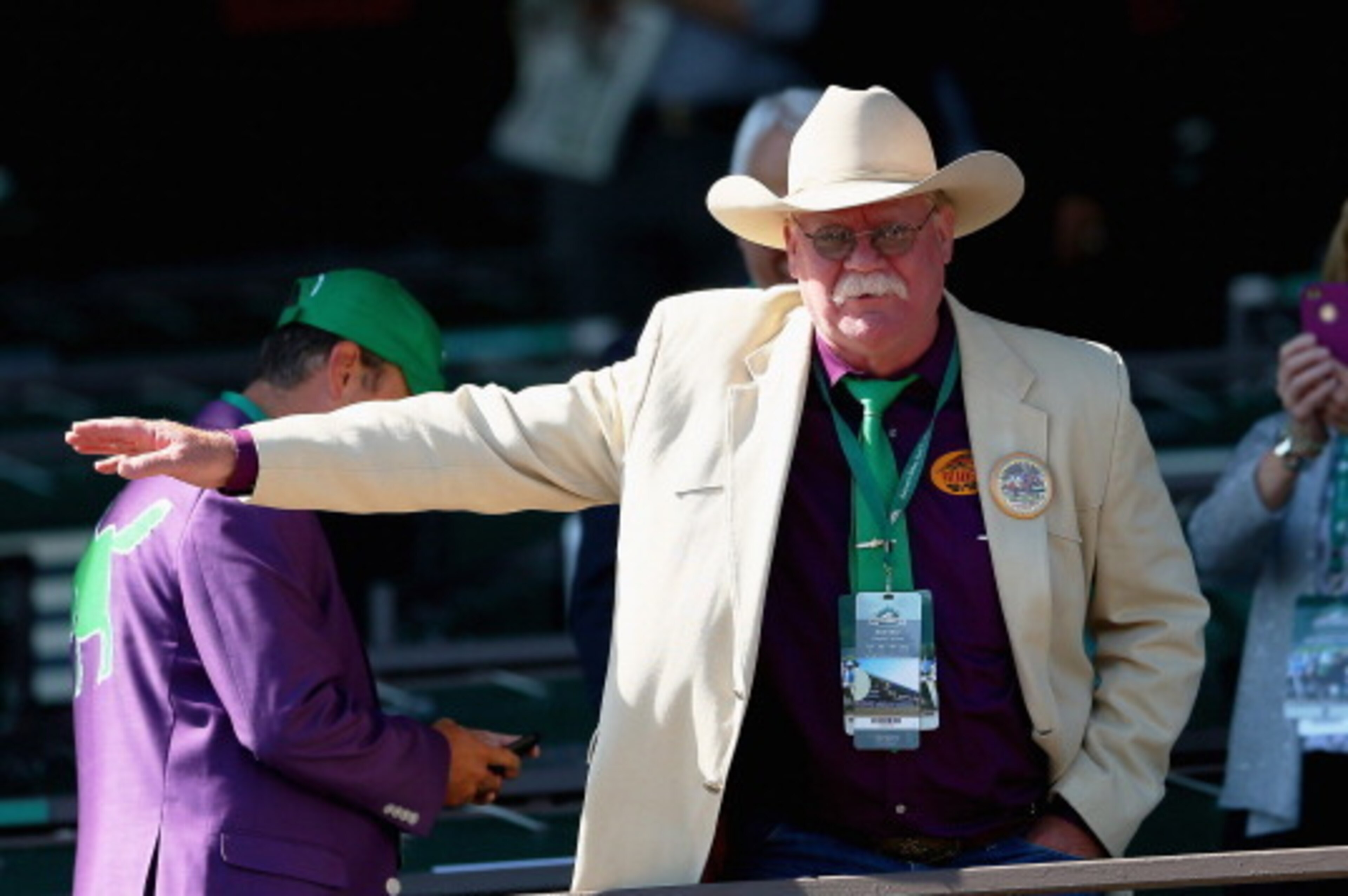 ELMONT, NY - JUNE 07:  Steve Coburn, co-owner of California Chrome waves to fans at Belmont Park on June 7, 2014 in Elmont, New York.  California Chrome will be attempting to win the triple crown in the Belmont Stakes.  (Photo by Mike Ehrmann/Getty Images