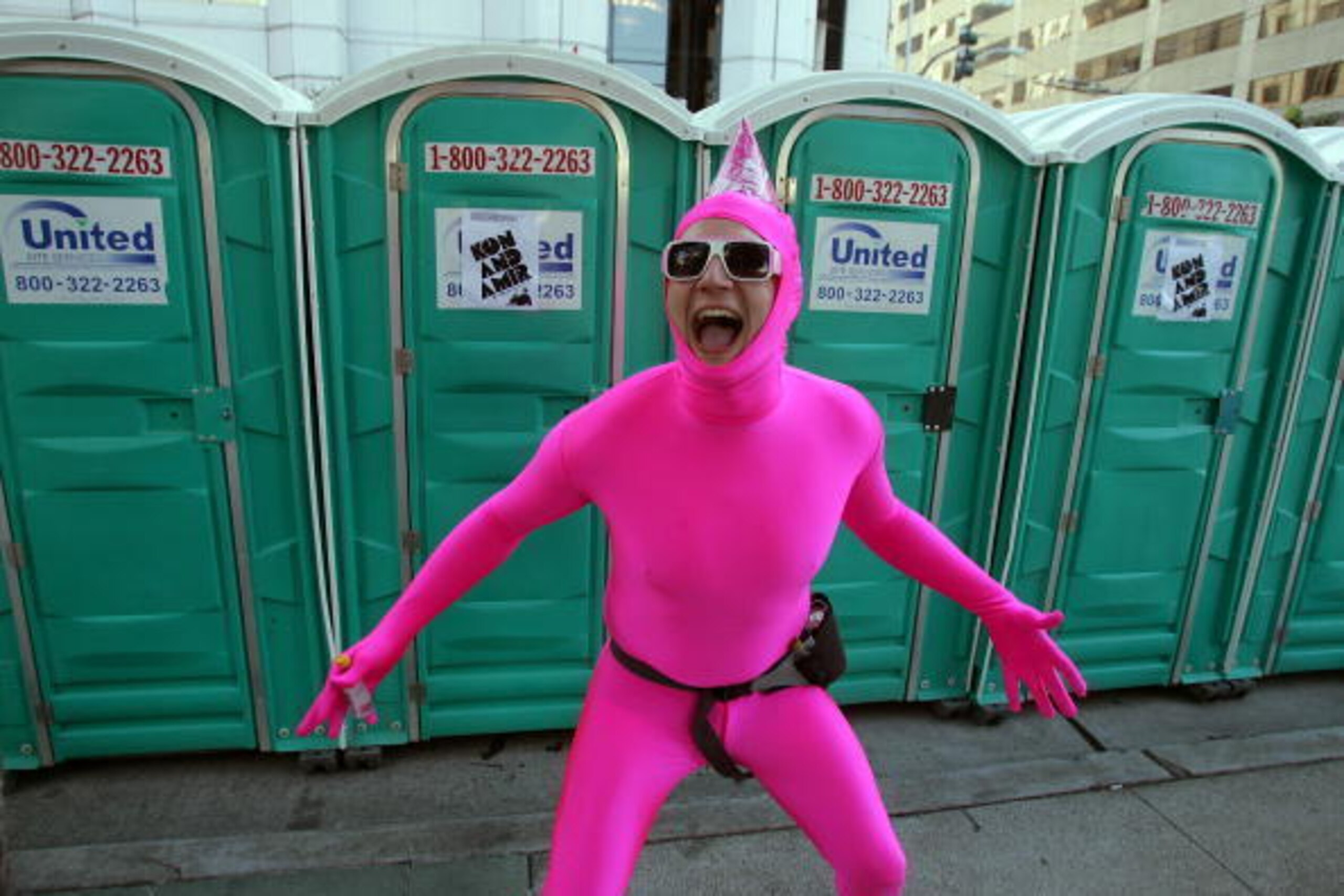 SAN FRANCISCO - MAY 17:  A costumed runner comes out of the toilets during the ING Bay to Breakers race May 17, 2009 in San Francisco, California.  Now in its 98th year, the ING Bay to Breakers 12K is one of the world's largest and oldest footraces, featu