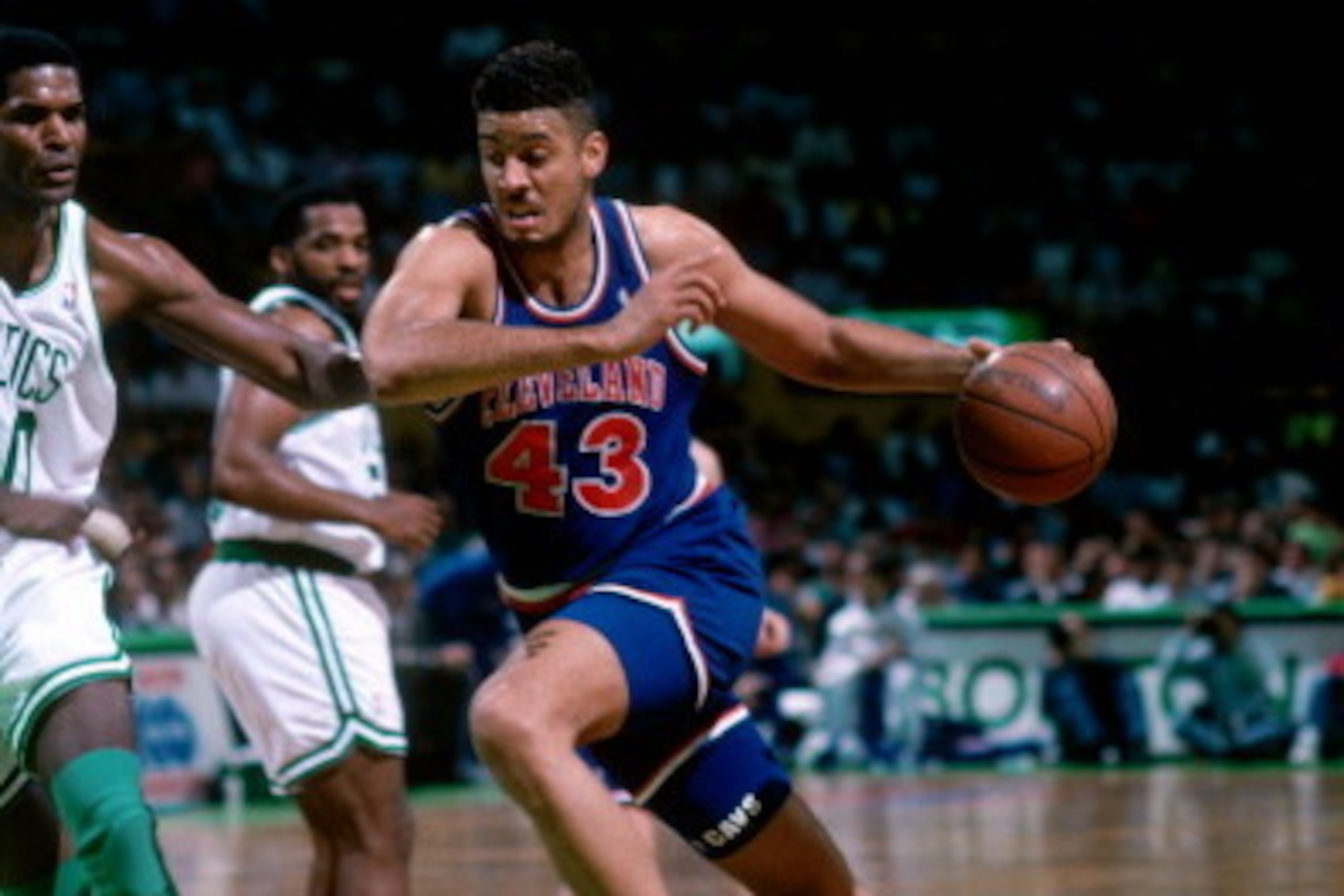 BOSTON, MA - 1992: Brad Daugherty #43 of the Cleveland Cavaliers shoots drives against the Boston Celtics during a game played in 1992 at the Boston Garden in Boston, Massachusetts. NOTE TO USER: User expressly acknowledges and agrees that, by downloading