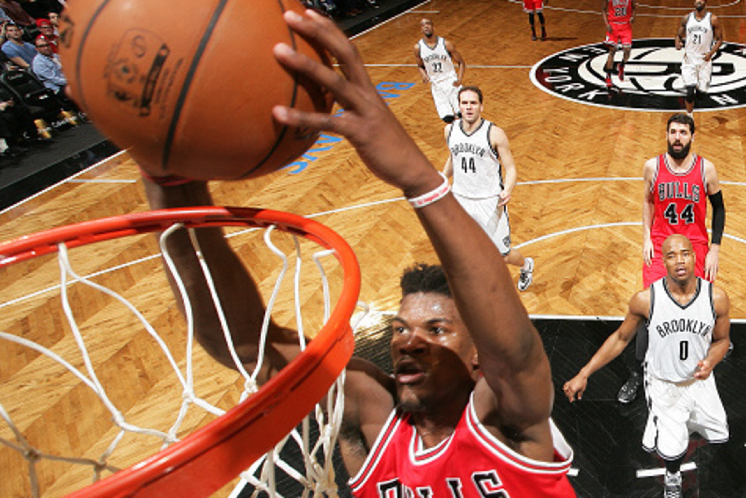 NEW YORK, NY - APRIL 13: Jimmy Butler #21 of the Chicago Bulls goes up for a dunk against the Brooklyn Nets on April 13, 2015 at the Barclays Center in the Brooklyn borough of New York City. NOTE TO USER: User expressly acknowledges and agrees that, by do