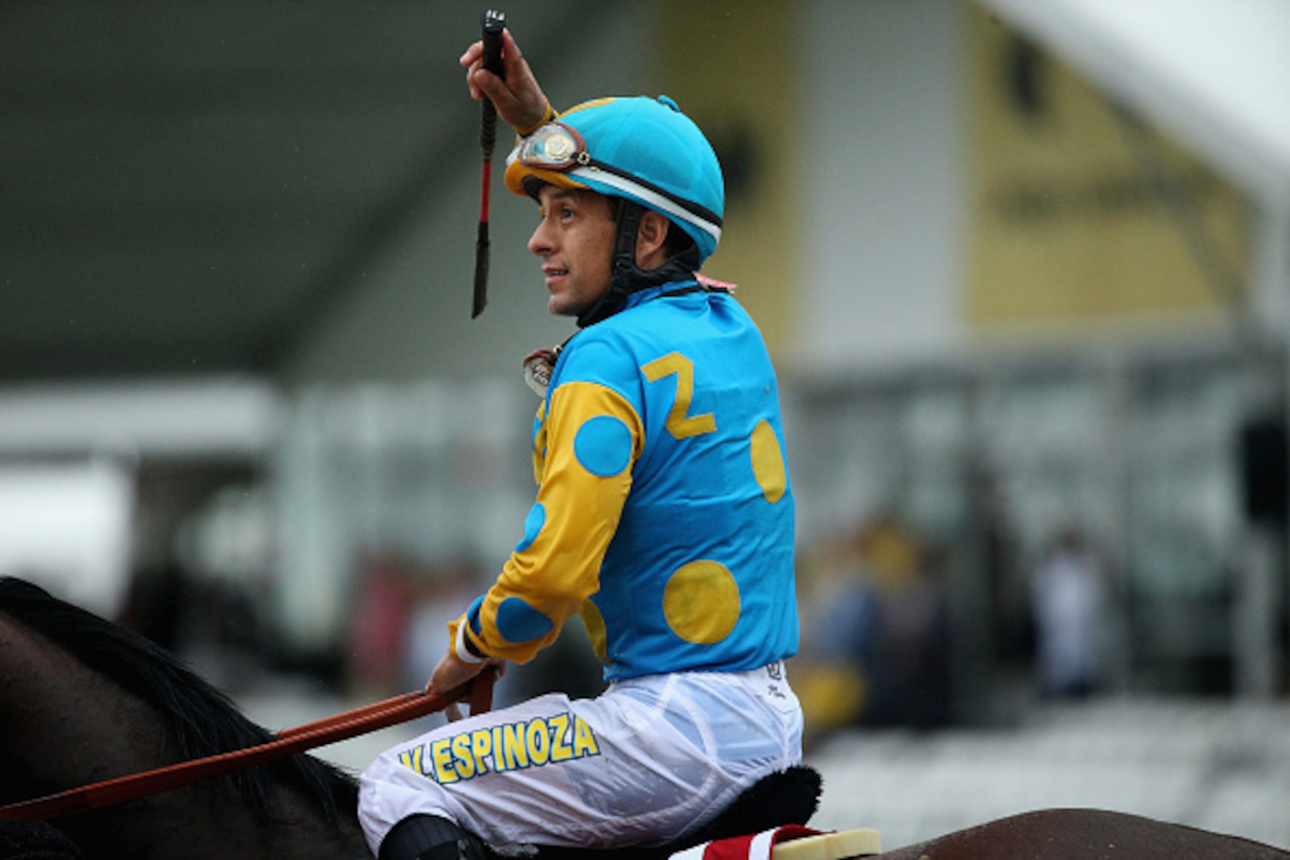 BALTIMORE, MD - MAY 16: American Pharoah #1 ridden by Victor Espinoza acknowledges the crowd after winning the 140th running of the Preakness Stakes at Pimlico Race Course on May 16, 2015 in Baltimore, Maryland. (Photo by Patrick Smith/Getty Images) BALTIMORE, MD - MAY 16: American Pharoah #1 ridden by Victor Espinoza acknowledges the crowd after winning the 140th running of the Preakness Stakes at Pimlico Race Course on May 16, 2015 in Baltimore, Maryland. (Photo by Patrick Smith/Getty Images)