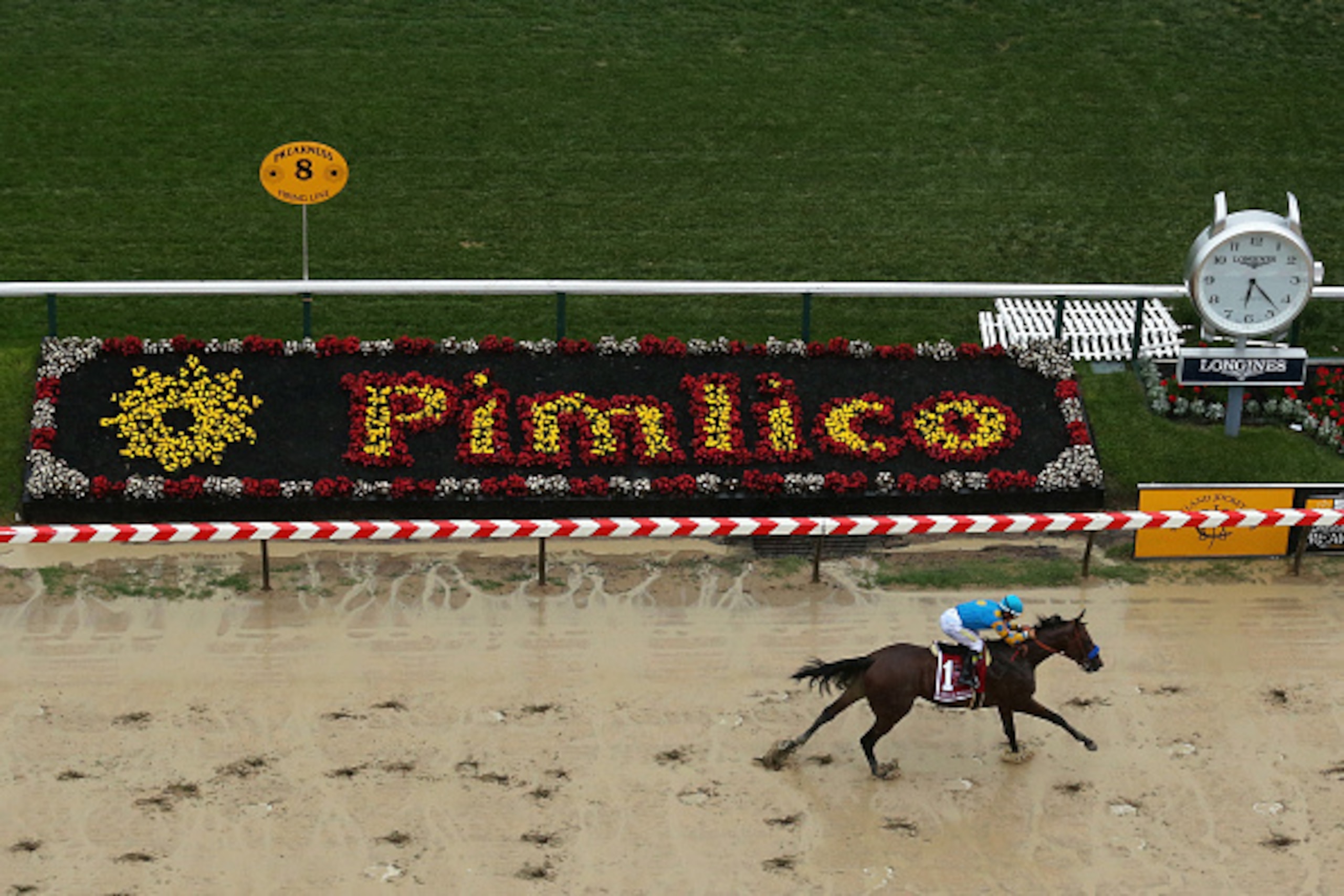 BALTIMORE, MD - MAY 16:  American Pharoah ridden by Victor Espinoza races towards the finish line to win the 140th running of the Preakness Stakes at Pimlico Race Course on May 16, 2015 in Baltimore, Maryland.  (Photo by Maddie Meyer/Getty Images)
