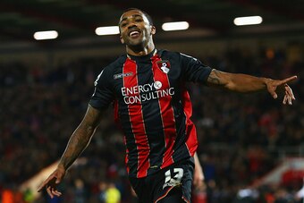 BOURNEMOUTH, ENGLAND - APRIL 27:  Callum Wilson of Bournemouth celebrates as he scores their third goal during the Sky Bet Championship match between AFC Bournemouth and Bolton Wanderers at Goldsands Stadium on April 27, 2015 in Bournemouth, England.  (Ph