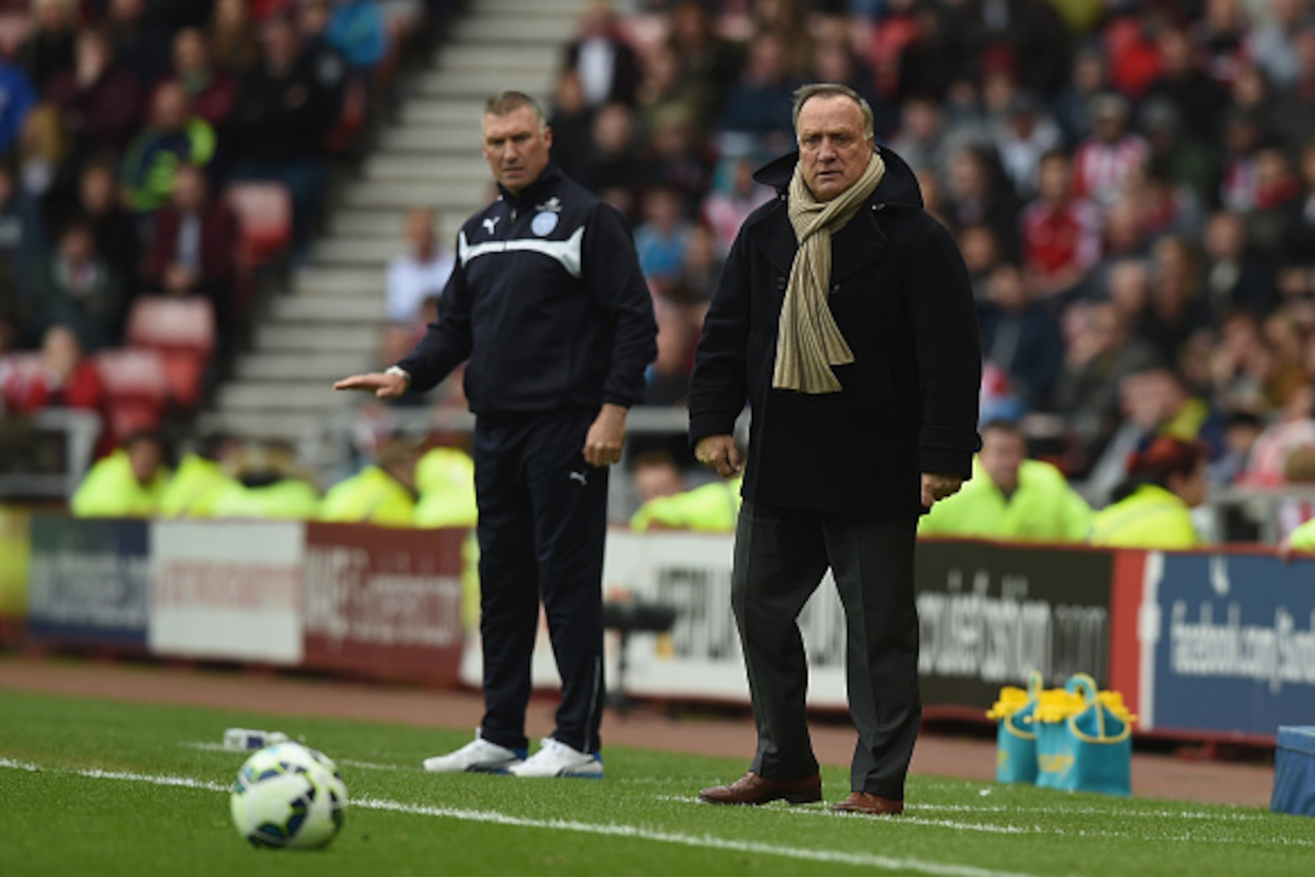 SUNDERLAND, ENGLAND - MAY 16:  Manager Dick Advocaat of Sunderland on the touchline with Leicester manager Nigel Pearson during the Barclays Premier League match between Sunderland and Leicester City at Stadium of Light on May 16, 2015 in Sunderland, Engl