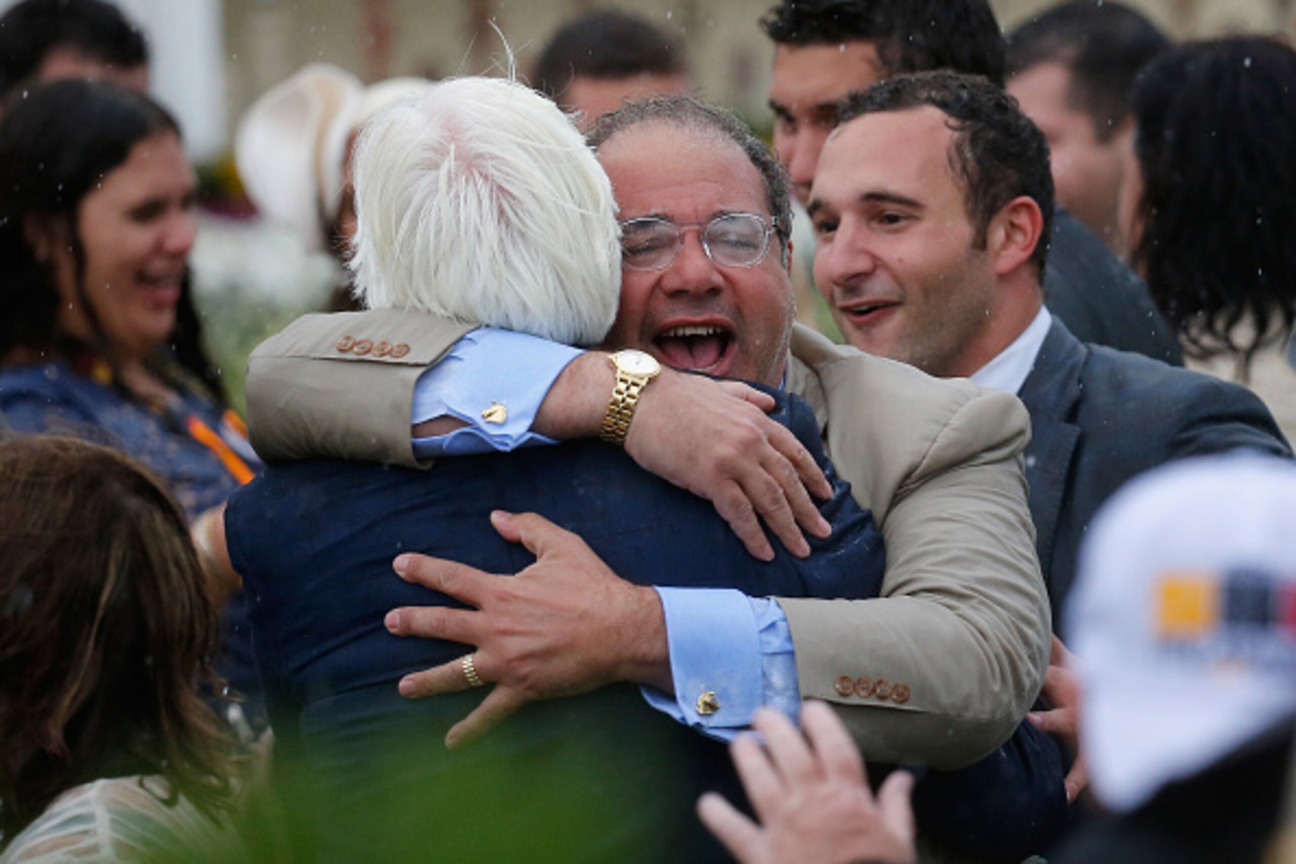 BALTIMORE, MD - MAY 16:  Owner Ahmed Zayat (L) and trainer Bob Baffert celebrate after their horse American Pharoah won the 140th running of the Preakness Stakes at Pimlico Race Course on May 16, 2015 in Baltimore, Maryland.  (Photo by Rob Carr/Getty Imag