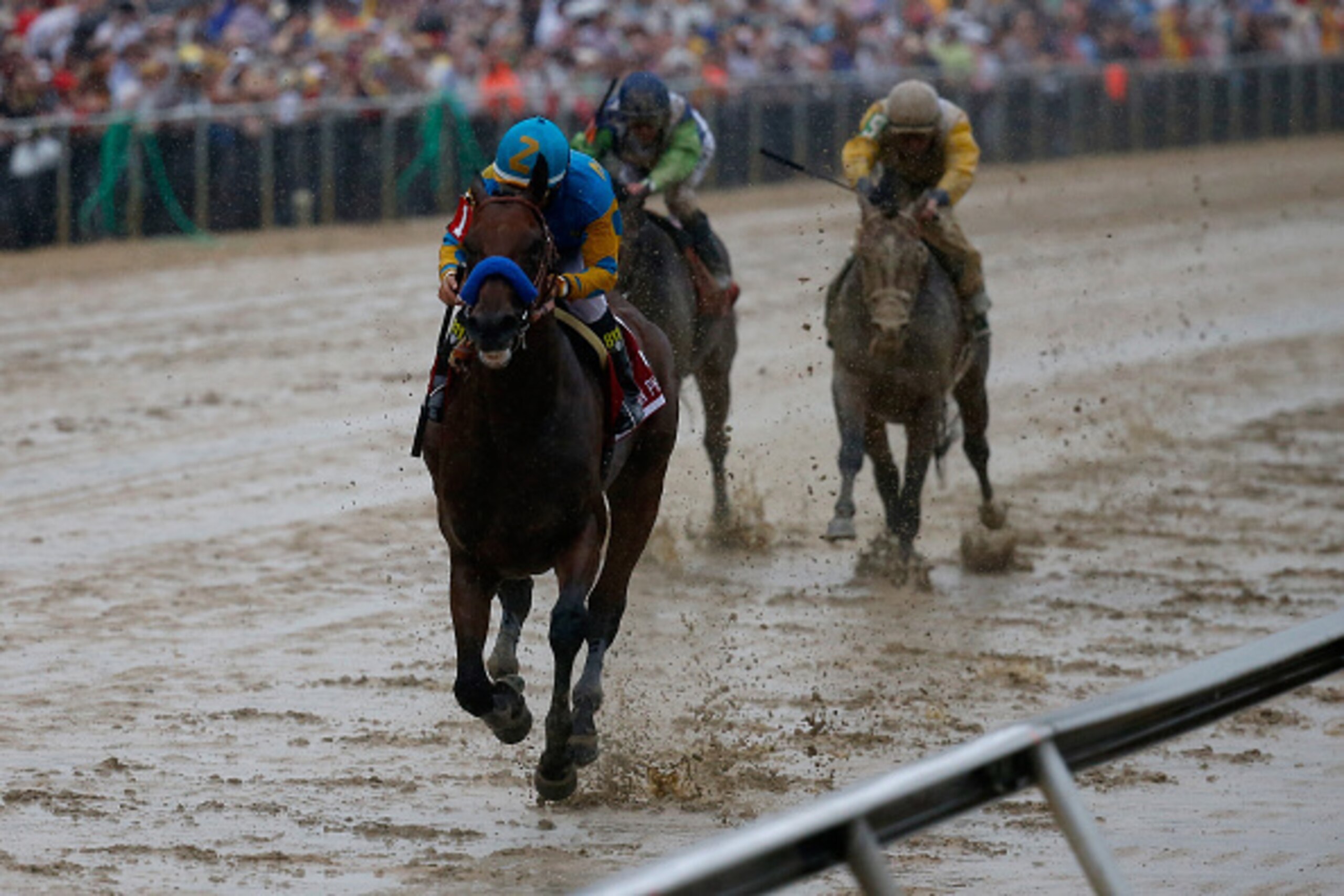 BALTIMORE, MD - MAY 16:  American Pharoah #1 ridden by Victor Espinoza races to the finish line to win the 140th running of the Preakness Stakes at Pimlico Race Course on May 16, 2015 in Baltimore, Maryland.  (Photo by Rob Carr/Getty Images)