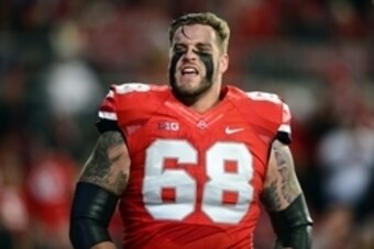 Nov 1, 2014; Columbus, OH, USA; Ohio State Buckeyes offensive lineman Taylor Decker (68) against the Illinois Fighting Illini at Ohio Stadium. Mandatory Credit: Andrew Weber-USA TODAY Sports