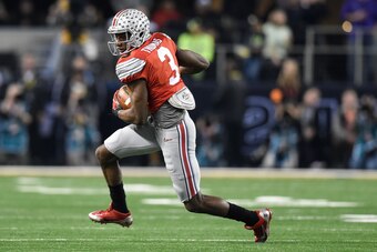 Jan 12, 2015; Arlington, TX, USA; Ohio State Buckeyes wide receiver Michael Thomas (3) runs after the catch during the fourth quarter in the 2015 CFP National Championship Game at AT&T Stadium. Ohio State Buckeyes defeated Oregon Ducks 42-20. Mandatory Cr