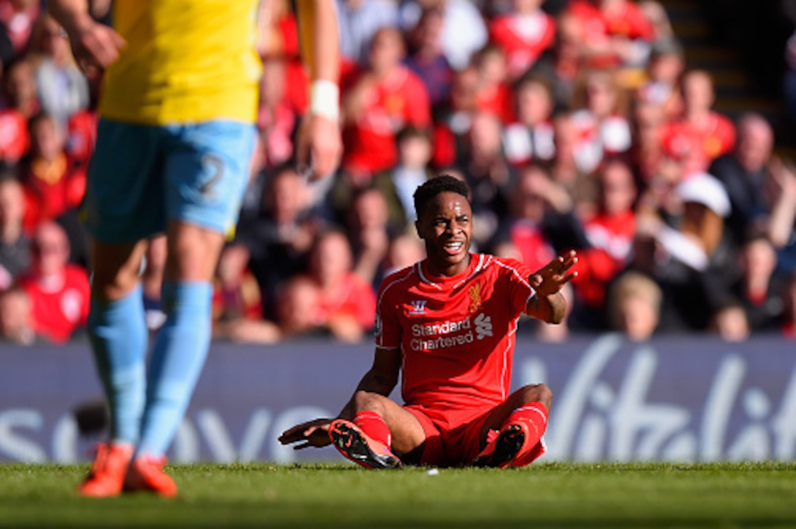 LIVERPOOL, ENGLAND - MAY 16:  Raheem Sterling of Liverpool reacts during the Barclays Premier League match betrween Liverpool and Crystal Palace at Anfield on May 16, 2015 in Liverpool, England.  (Photo by Stu Forster/Getty Images)