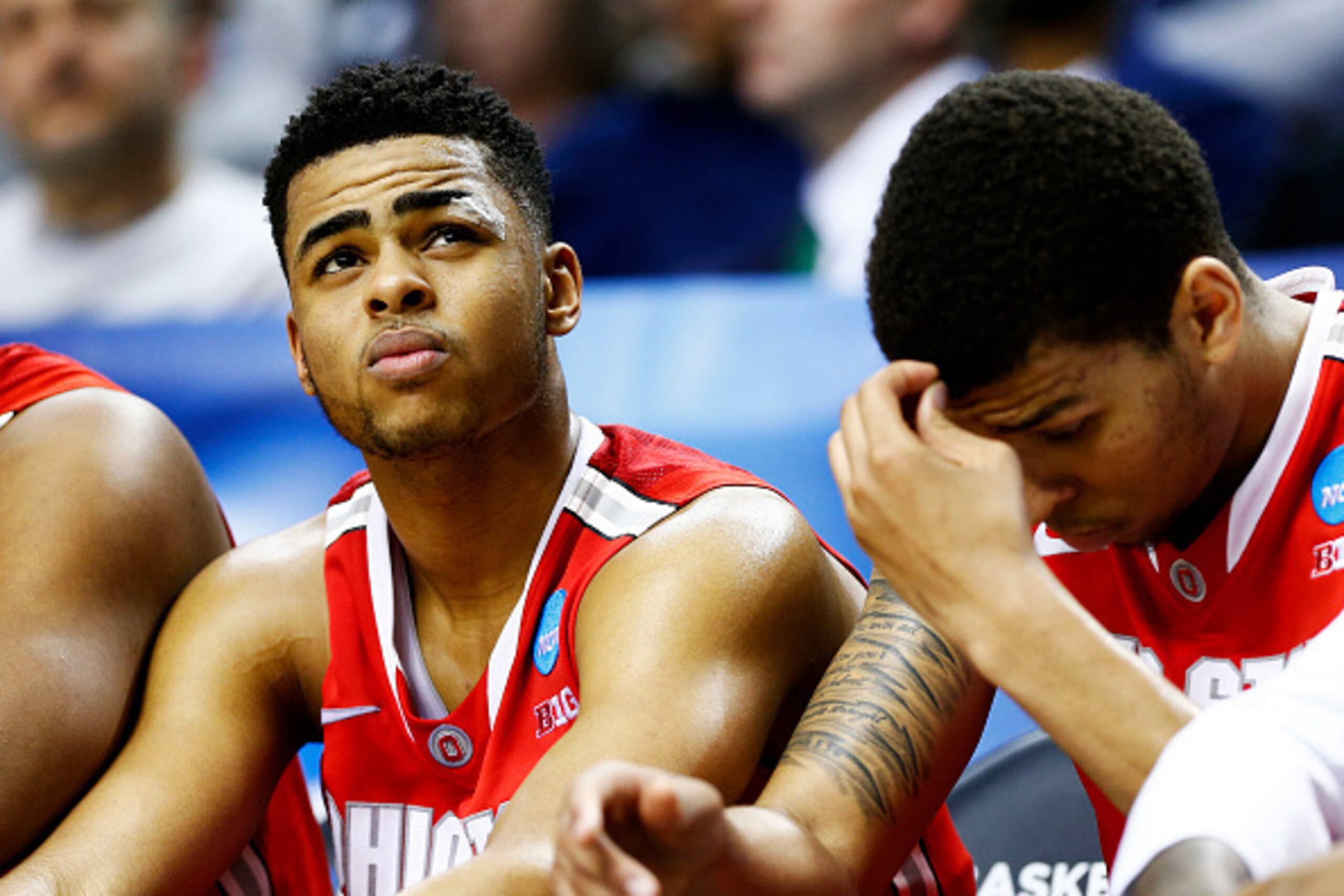 PORTLAND, OR - MARCH 21:  D'Angelo Russell #0 of the Ohio State Buckeyes reacts on the bench as they loose 73 to 58 to the Arizona Wildcats during the third round of the 2015 NCAA Men's Basketball Tournament at Moda Center on March 21, 2015 in Portland, O