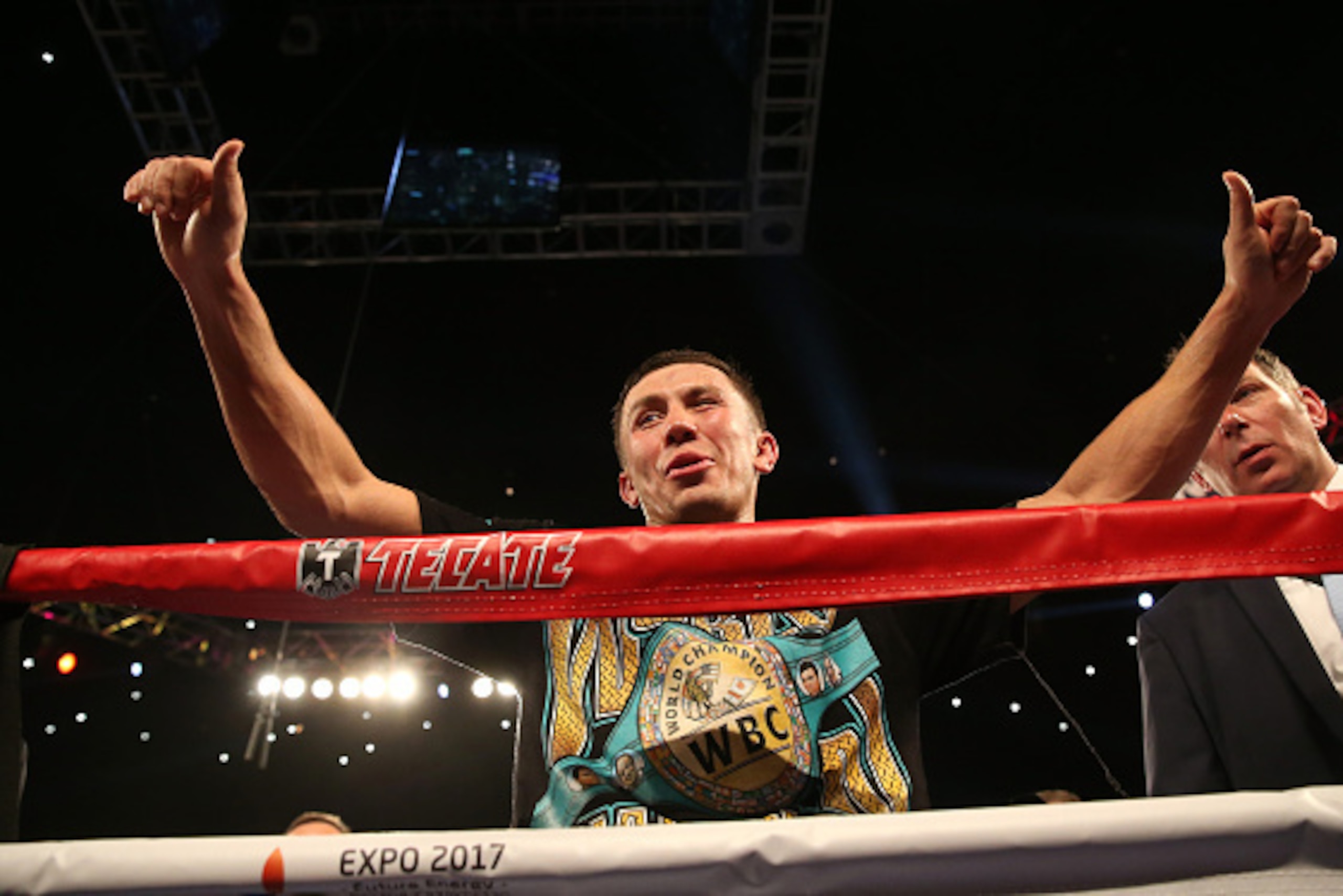 INGLEWOOD, CA - MAY 16:  Gennady Golovkin celebrates after defeating Willie Monroe Jr. in their World Middleweight Championship fight at The Forum on May 16, 2015 in Inglewood, California.  Golovkin won on a TKO in the sixth round.  (Photo by Stephen Dunn