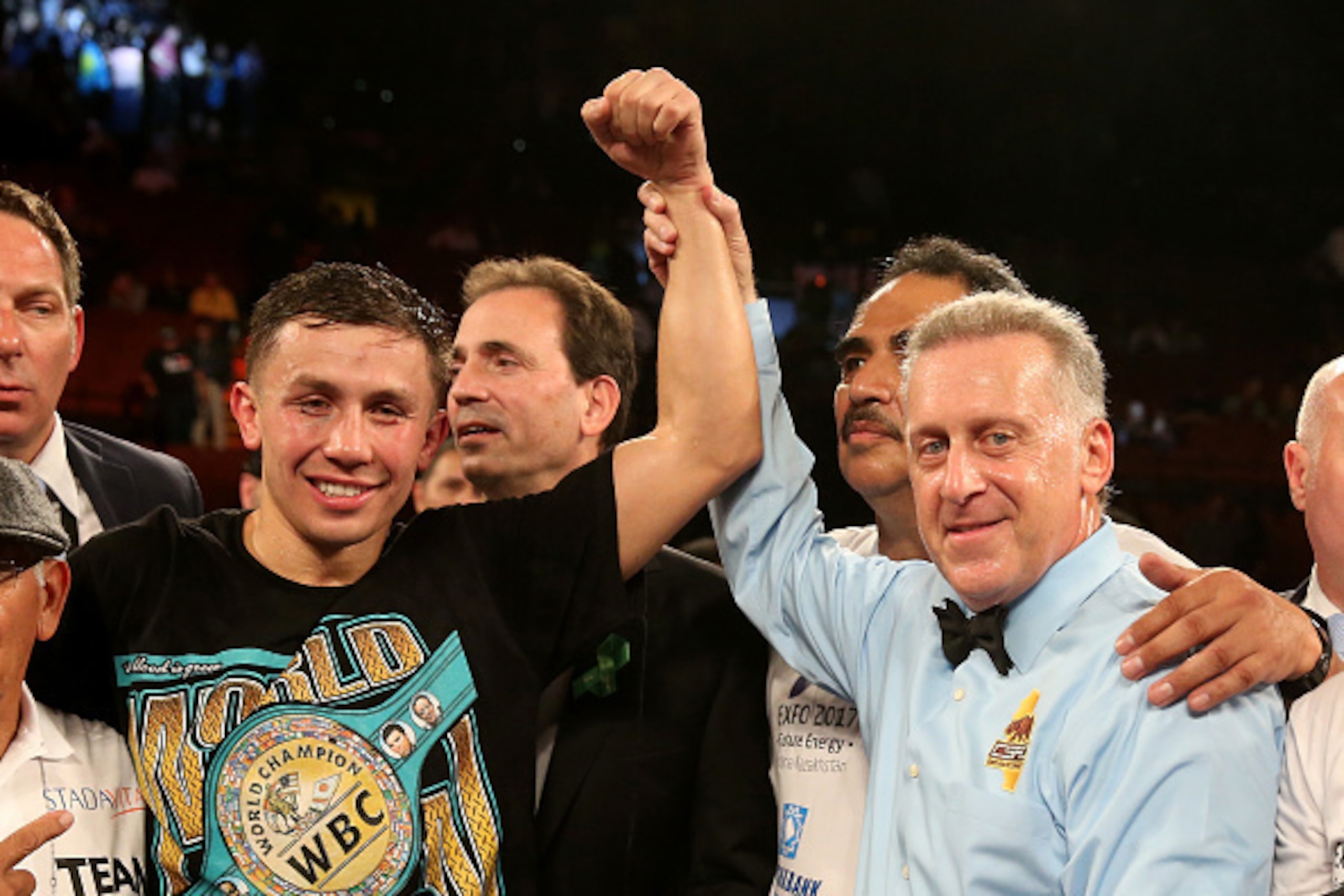 INGLEWOOD, CA - MAY 16:  Gennady Golovkin has his hand held up by referee Jack Reiss after defeating Willie Monroe Jr. in their World Middleweight Championship fight at The Forum on May 16, 2015 in Inglewood, California.  Golovkin won on a TKO in the sixt