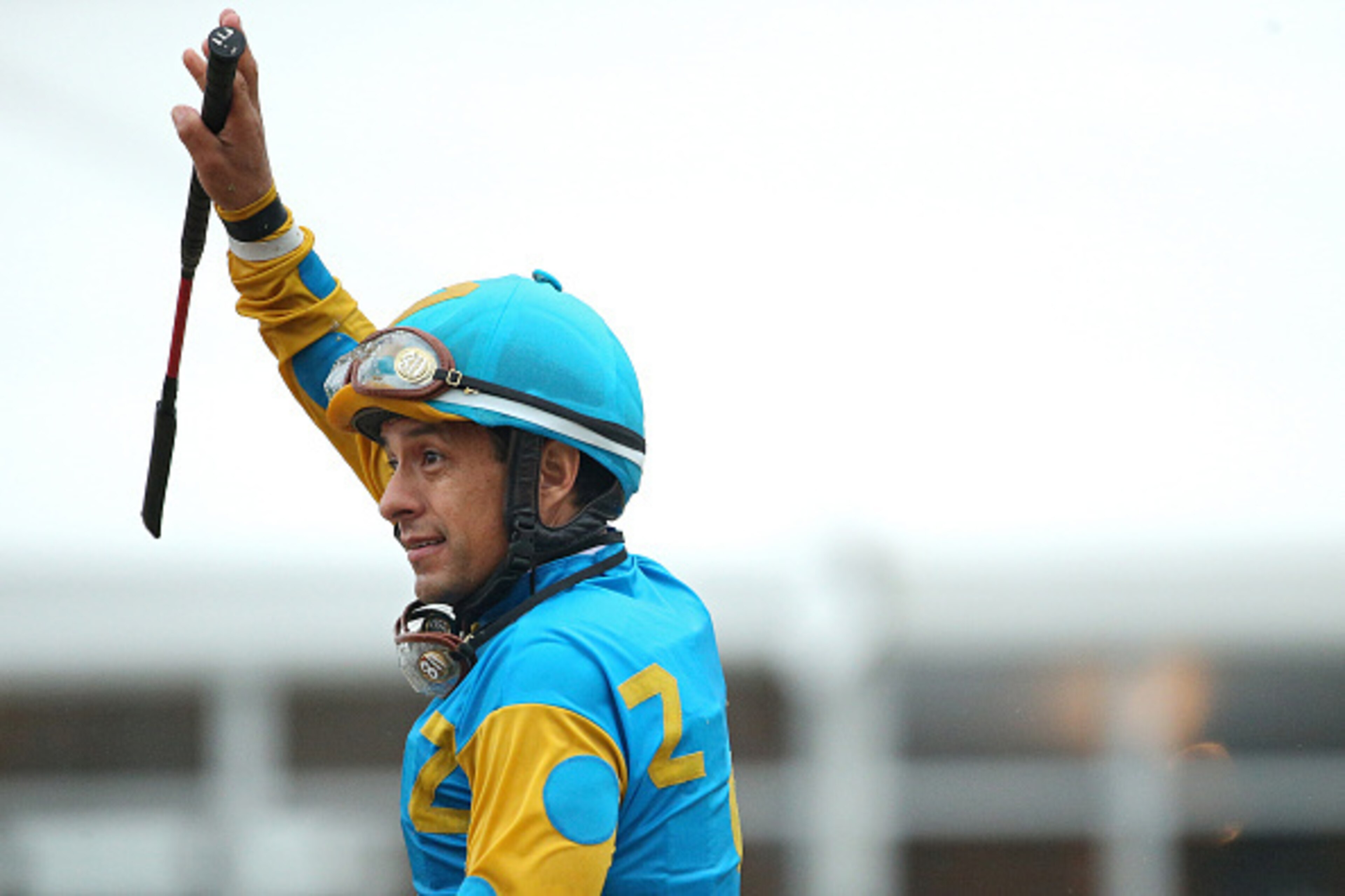 BALTIMORE, MD - MAY 16:  American Pharoah #1 ridden by Victor Espinoza acknowledges the crowd after winning the 140th running of the Preakness Stakes at Pimlico Race Course on May 16, 2015 in Baltimore, Maryland.  (Photo by Patrick Smith/Getty Images)