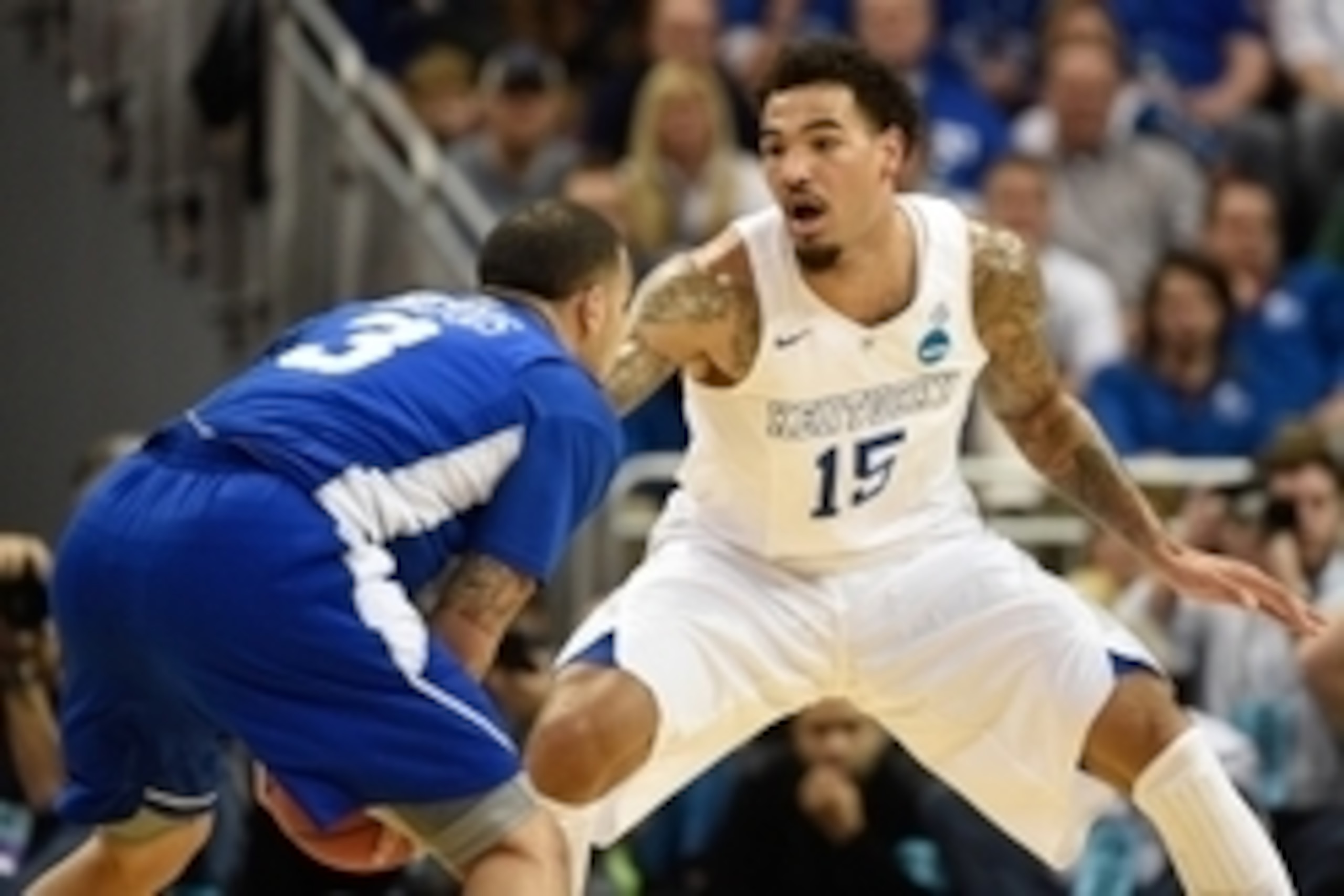 Mar 19, 2015; Louisville, KY, USA; Kentucky Wildcats forward Willie Cauley-Stein (15) pressures Hampton Pirates guard Quinton Chievous (3) during the first half in the second round of the 2015 NCAA Tournament at KFC Yum! Center. Kentucky wins 79-56. Manda