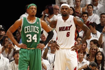 MIAMI, FL - JUNE 9:  LeBron James #6 of the Miami Heat and Paul Pierce #34 of the Boston Celtics loks on in Game Seven of the Eastern Conference Finals between the Miami Heat and the Boston Celtics during the 2012 NBA Playoffs on June 9, 2012 at American
