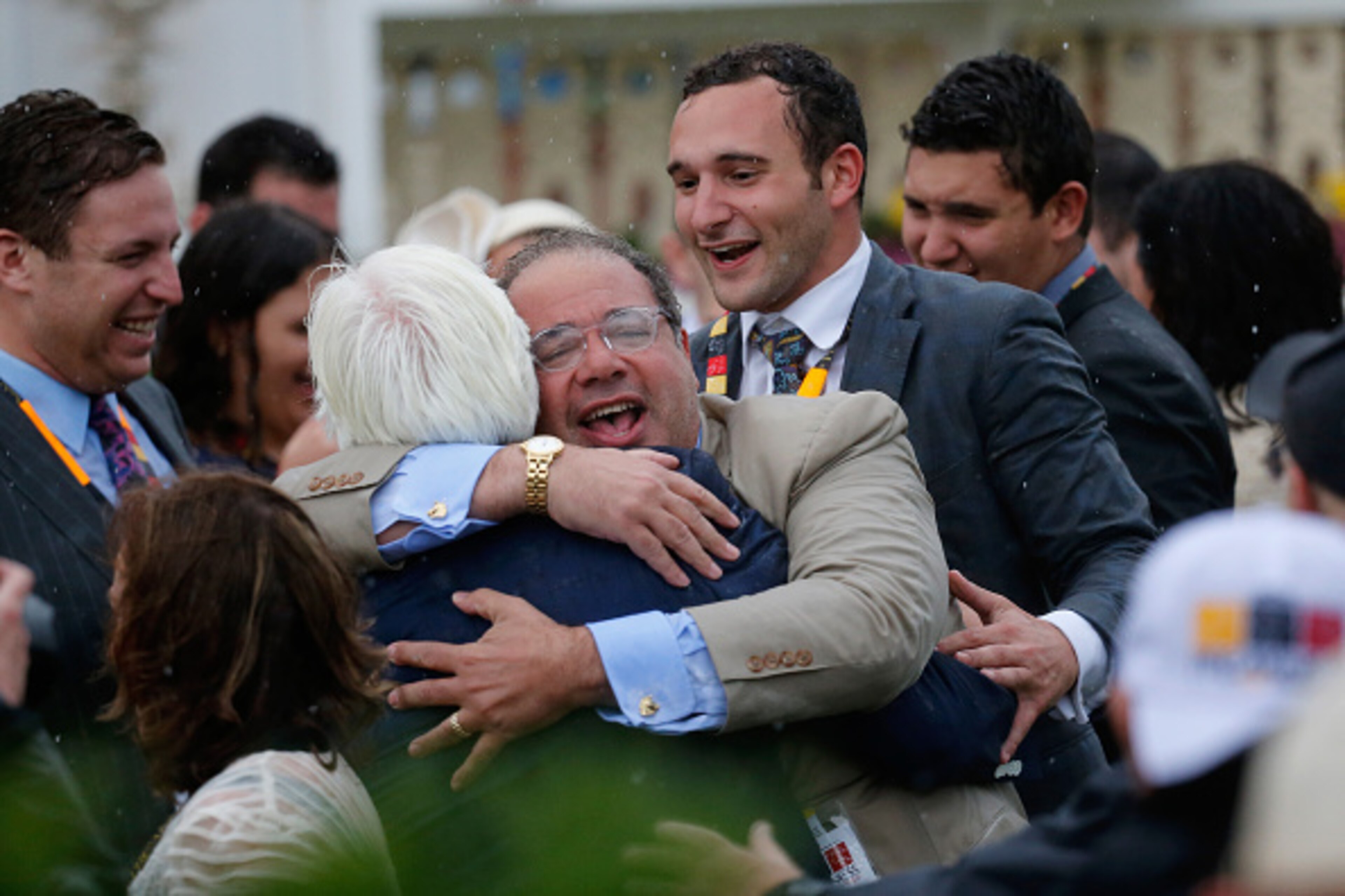 BALTIMORE, MD - MAY 16:  Owner Ahmed Zayat (L) and trainer Bob Baffert celebrate after their horse American Pharoah won the 140th running of the Preakness Stakes at Pimlico Race Course on May 16, 2015 in Baltimore, Maryland.  (Photo by Rob Carr/Getty Imag
