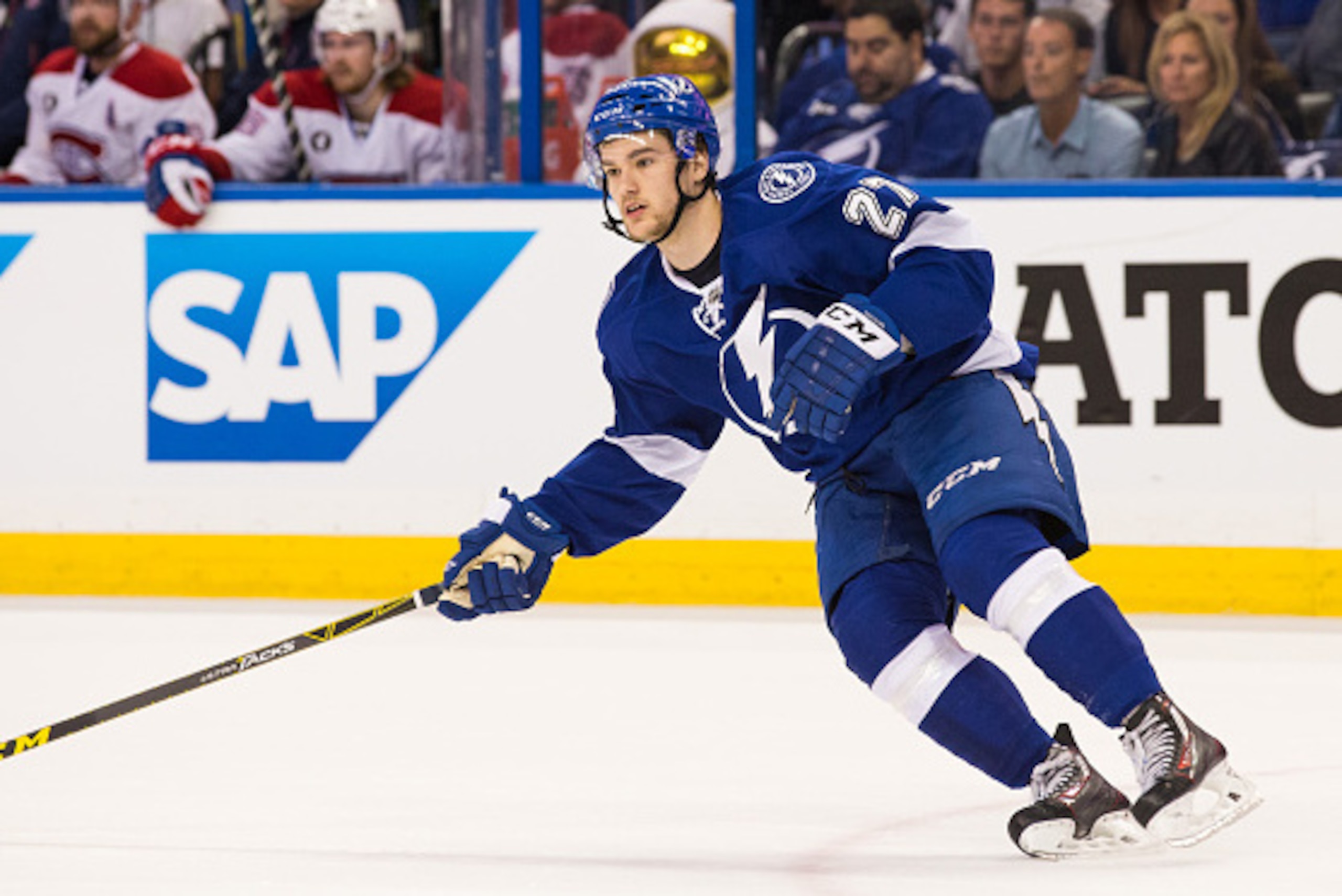 TAMPA, FL - May 6: Jonathan Drouin #27 of the Tampa Bay Lightning against the Montreal Canadiens during the first period in Game Three of the Eastern Conference Semifinals during the 2015 NHL Stanley Cup Playoffs at the Amalie Arena on May 6, 2015 in Tamp