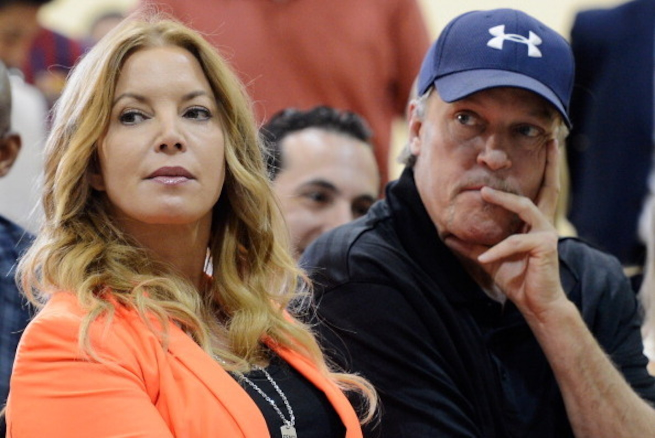 EL SEGUNDO, CA - AUGUST 10:  Jim Buss and his sister Jeanie Buss of the Los Angeles Lakers attend a news conference where Dwight Howard was introduced as the newest member of the team at the Toyota Sports Center on August 10, 2012 in El Segundo, Californi